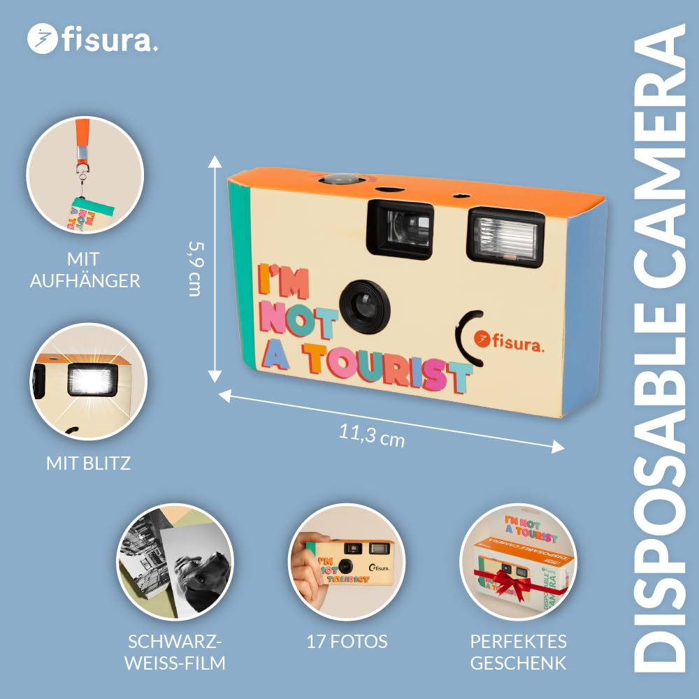 Fisura – Camera originală de unică folosință Not a Tourist. Aparat foto de unica folosinta cu blit. 17 cadre alb-negru. Cârlige incluse. Ideal pentru nunti sau petreceri. - HGI2520881