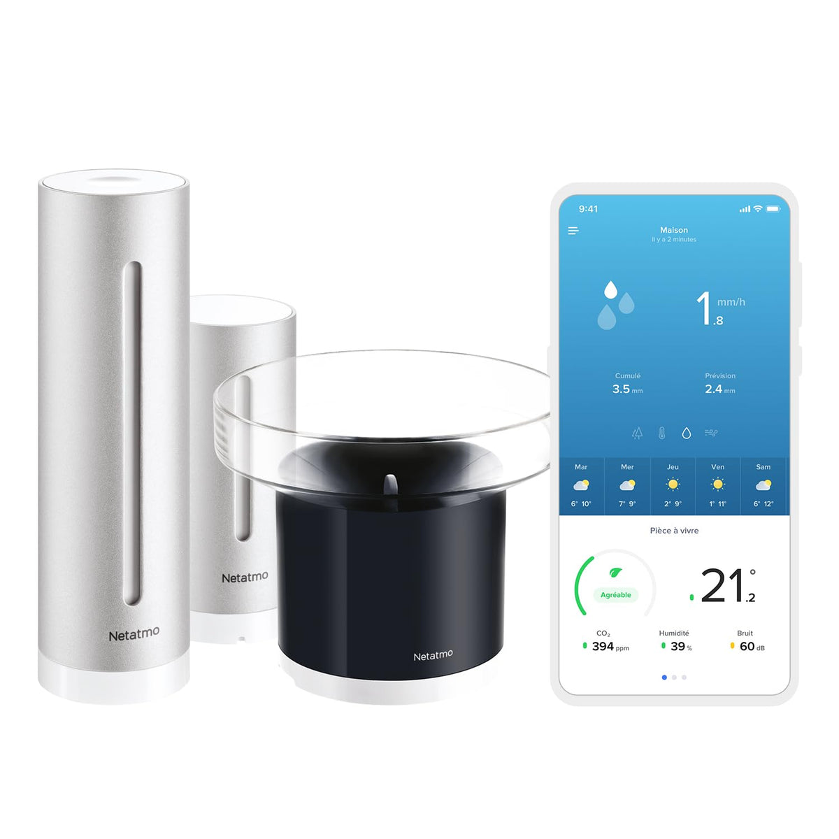Netatmo Pachet cu stație meteorologică pentru interior și exterior, cu senzor exterior wireless și pluviómetru inteligent, umiditate, calitate a aerului, nivel de zgomot în interior, presiune atmosferică, NBU-NWS-NRG-EU