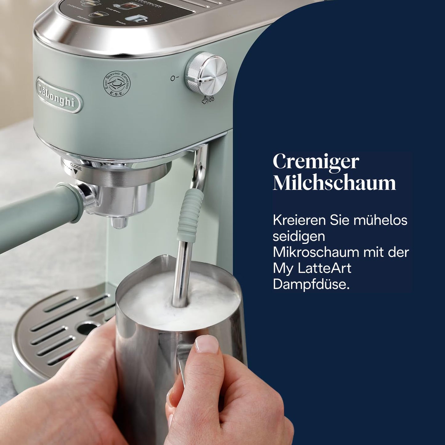 De'Longhi Dedica Duo - Perfetto compact portafilter machine espresso machine with soft-touch icons, manual milk frother for espresso, cappuccino and cold brew, 15cm wide, green (EC890.GR)