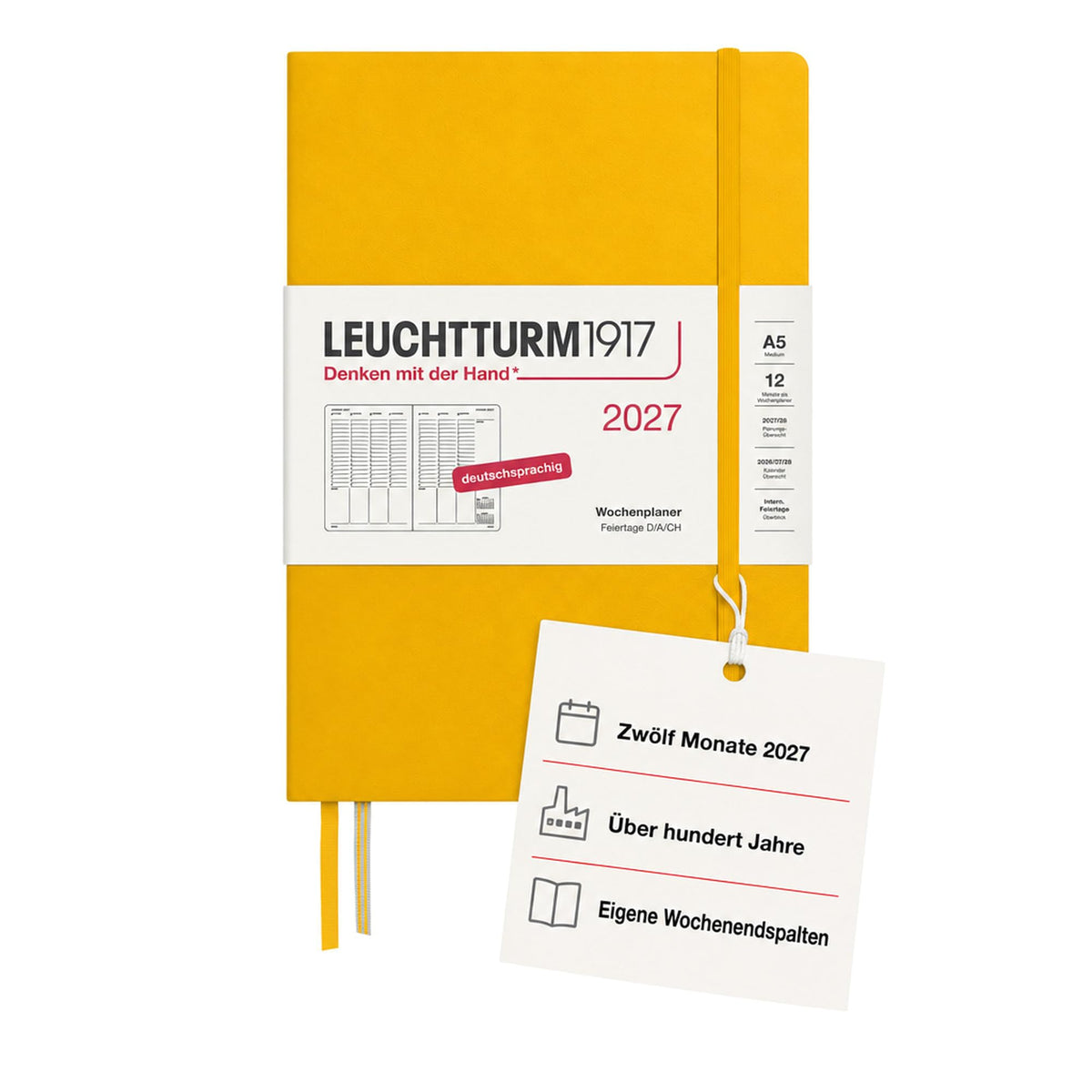 LEUCHTTURM1917 Weekly Planner 2027 Medium (A5) - German, Sunflower, 210 x 145 mm, January-December (12 months), weekly overview with hourly grid 7:00-22:00 per column, hardcover, 80 g/m² paper - 400148