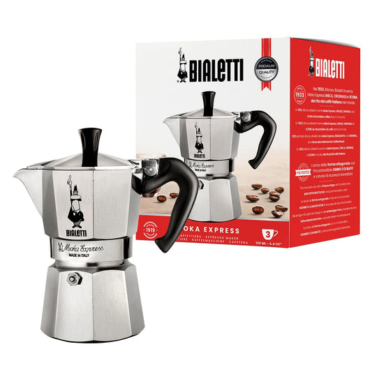 Bialetti - Moka Express: Iconic stovetop espresso machine, makes real Italian coffee, Moka pot 3 cups (130ml), aluminum, silver, aluminum - 0001162