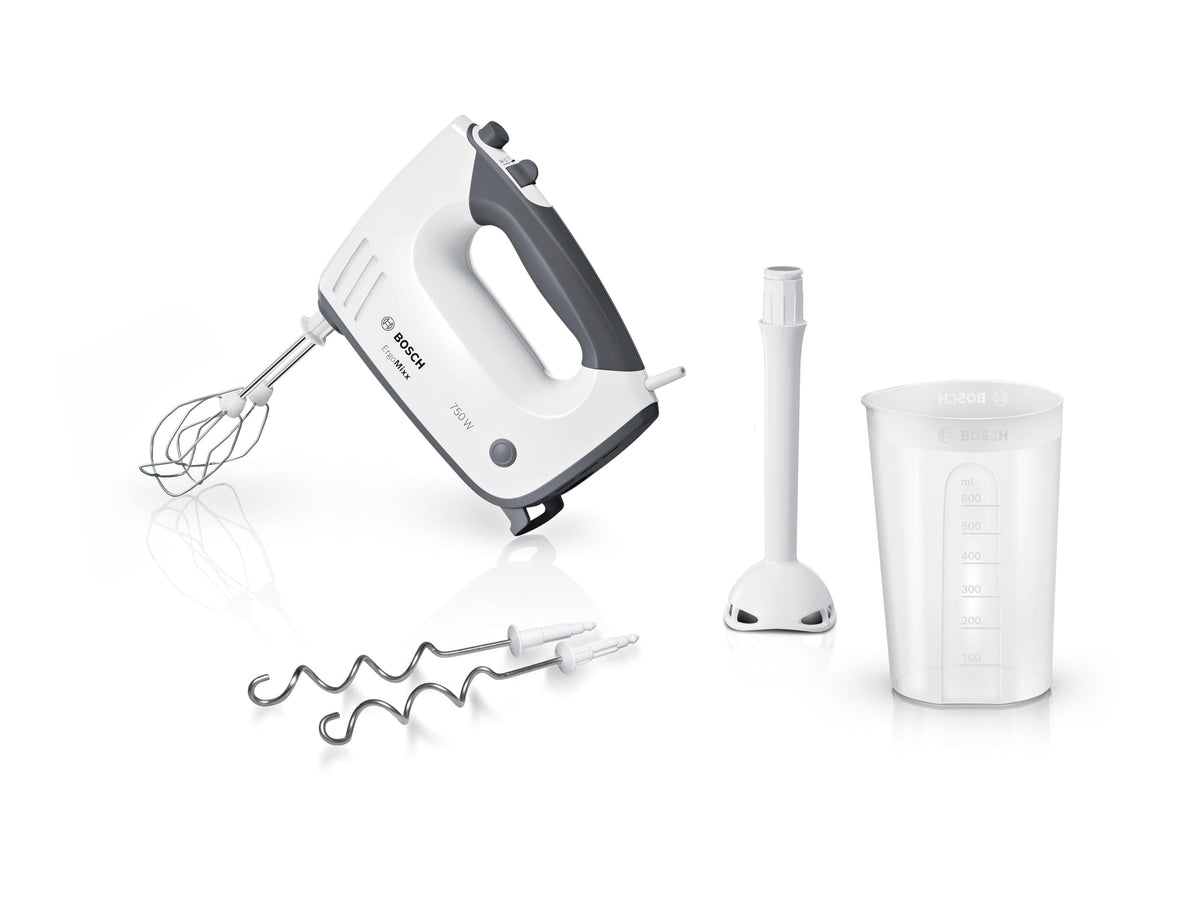 Bosch Hand Mixer with immersion blender, mixing cup, stainless steel whisk, dough hooks, dishwasher safe, 5 speed settings plus turbo button, white/gray, 750 W, ErgoMixx MFQ37470