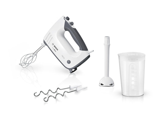 Bosch Hand Mixer with immersion blender, mixing cup, stainless steel whisk, dough hooks, dishwasher safe, 5 speed settings plus turbo button, white/gray, 750 W, ErgoMixx MFQ37470