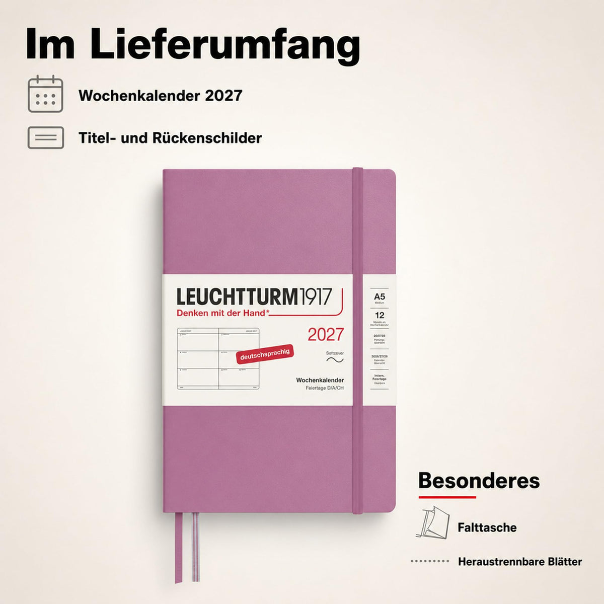 LEUCHTTURM1917 Calendar săptămânal 2027 Mediu (A5) - German, Dusty Rose, Softcover, 145 x 210 mm, 12 luni - ianuarie-decembrie 2027, 1 săptămână pe pagină dublă, hârtie de 80 g/m² cu compatibilitate ridicată cu cerneală - 400127