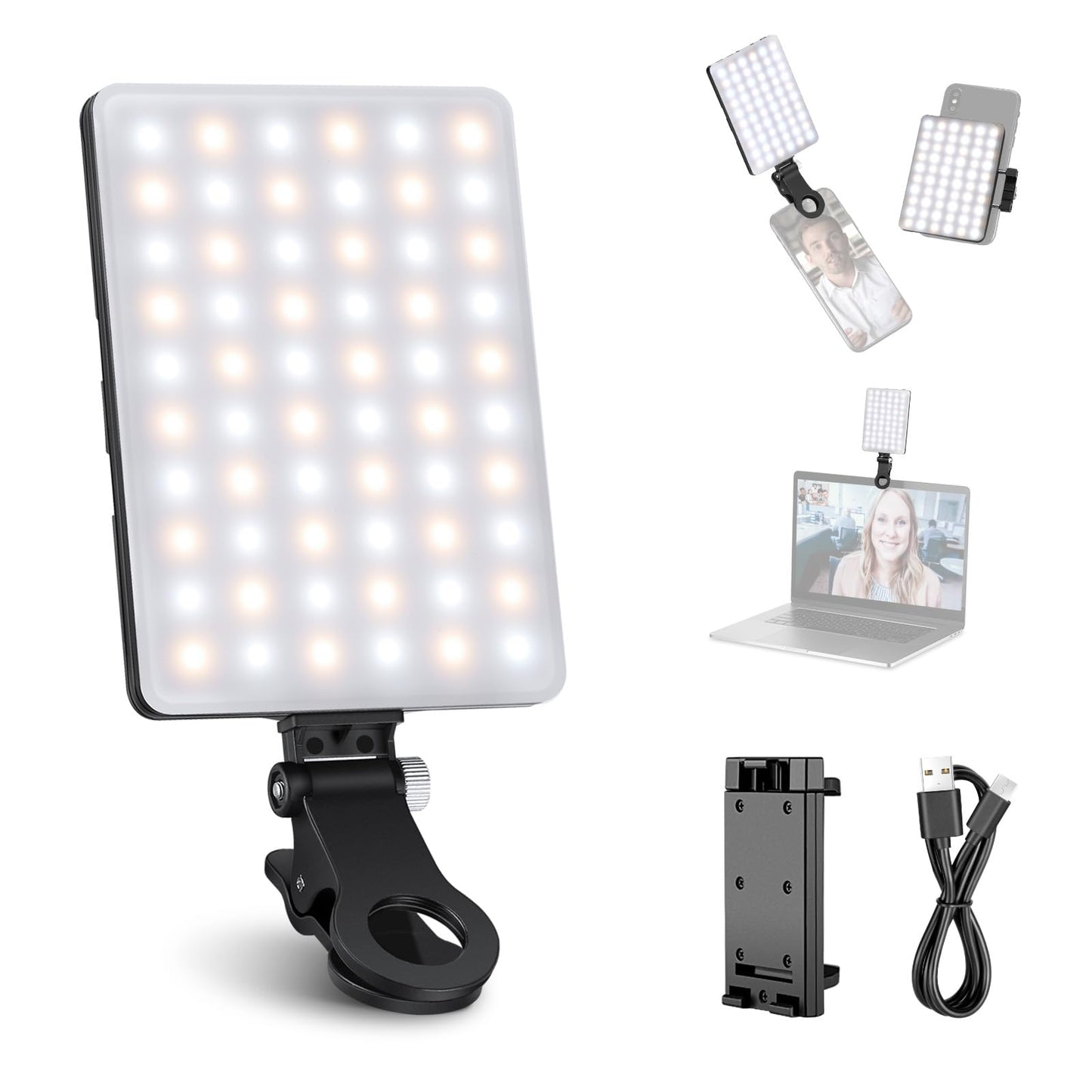 NEEWER Basic Clip On Selfie Light Compatible with iPhone, 2000mAh Rechargeable LED Video Light with Mobile Phone Clamp for Computer Webcam, Laptop, Zoom Video Conferences, Make Up Photography, NL-60AI