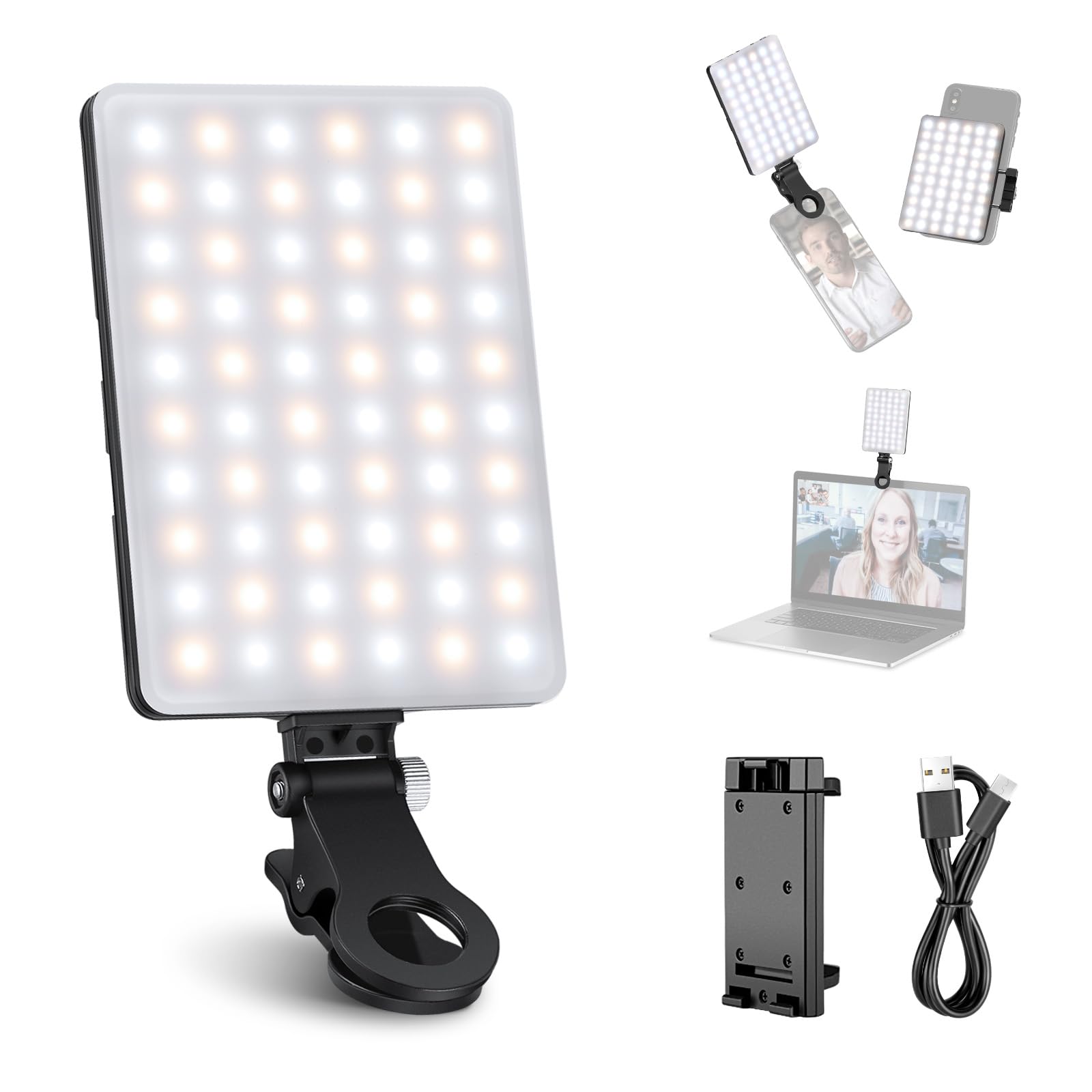 NEEWER Basic Clip On Selfie Light Compatible with iPhone, 2000mAh Rechargeable LED Video Light with Mobile Phone Clamp for Computer Webcam, Laptop, Zoom Video Conferences, Make Up Photography, NL-60AI