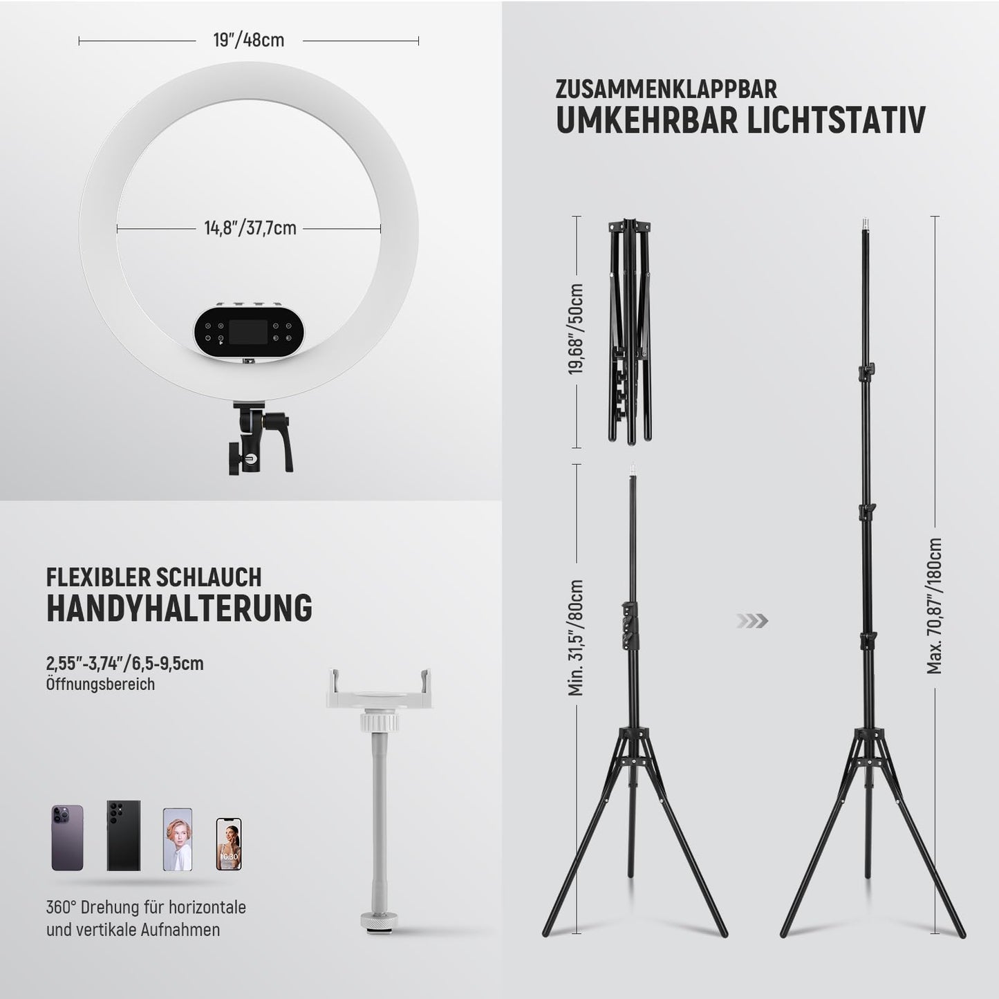 NEEWER 19" 100W High Power LED Ring Light with Tripod Stand & 3 Phone Holders Compatible with iPhone, 2900-7000K CRI97+ App & 2.4G Control Lighting for Selfie Video Makeup Streaming, RH100B - 10106380