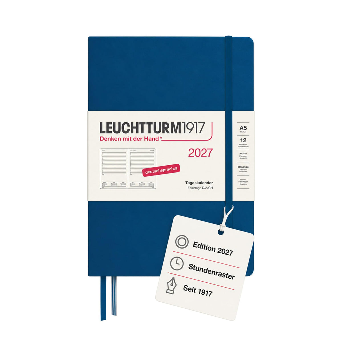 LEUCHTTURM1917 Daily Calendar 2027 Medium (A5) - German, Indigo, 145 x 210 mm, January-December (12 months), 1 page per day, hourly grid 7:00-22:00, hardcover, 80 g/m² paper - 400163