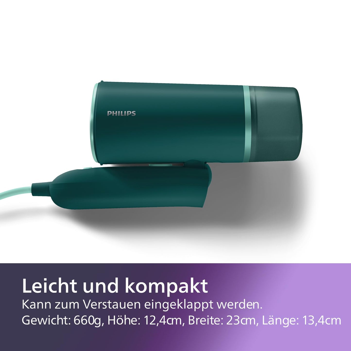 Philips 3000 Series Portable Steamer - 1000W, 20g/min Steam Pressure, Removable 120ml Water Tank, Metal Steam Plate, Includes Storage Bag, 660g Lightweight, Dark Green (STH3020/70)