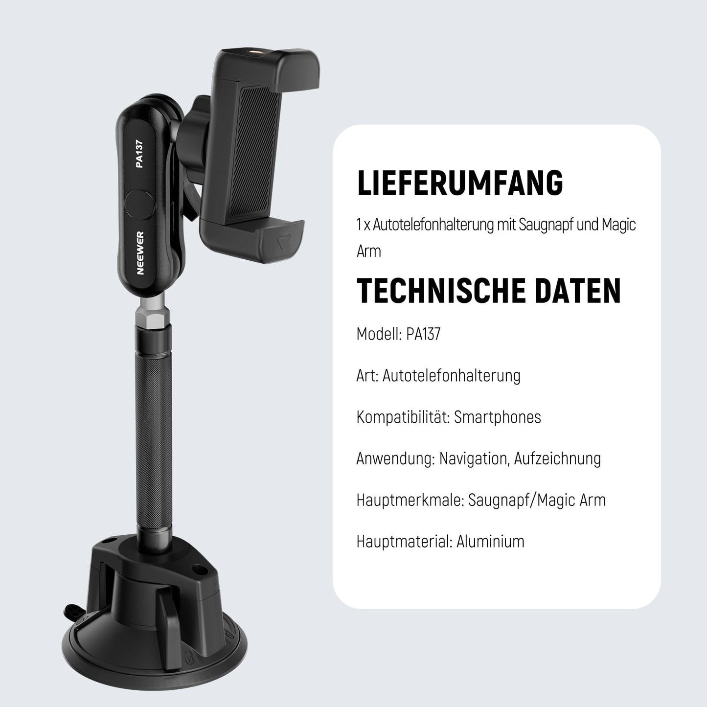 NEEWER Car Mobile Phone Holder 360° Rotating Vacuum Suction Cup Metal Mobile Phone Holder with Extended Magic Arm Compatible with iPhone Samsung, for Windscreen Skylight Glass Navigation Video, PA137