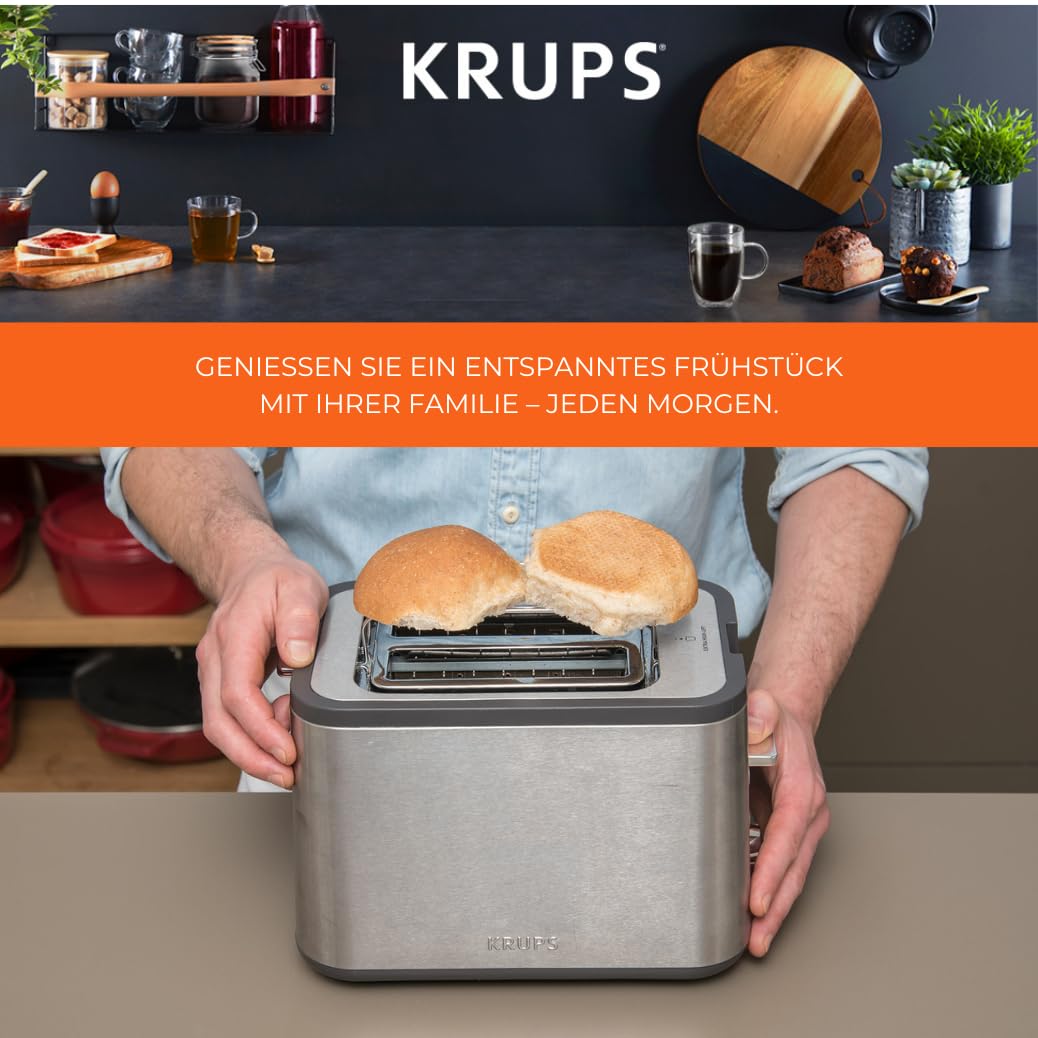 Krups KH442D Control Line Premium Toaster, stainless steel, 2 short slots for 2 slices, bun warmer, 6 browning levels, 850 W, 23.6 x 32.4 x 20.2 cm, silver/black