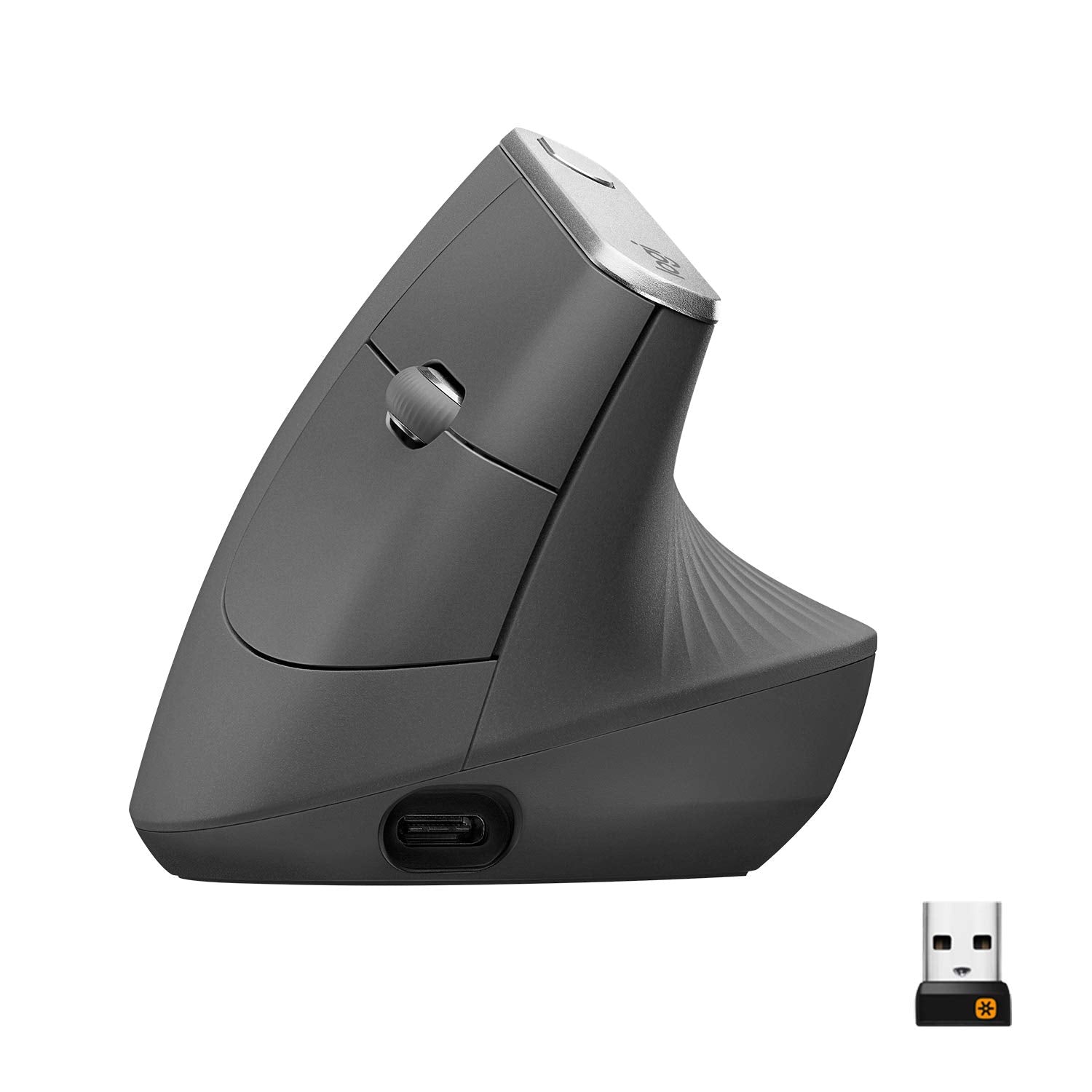 Logitech MX Vertical, ergonomic wireless mouse, Bluetooth and 2.4 GHz connection via Unifying USB receiver, 4000 DPI sensor, rechargeable battery, 4 buttons, multi-device, PC/Mac/iPadOS - graphite - 910-005448