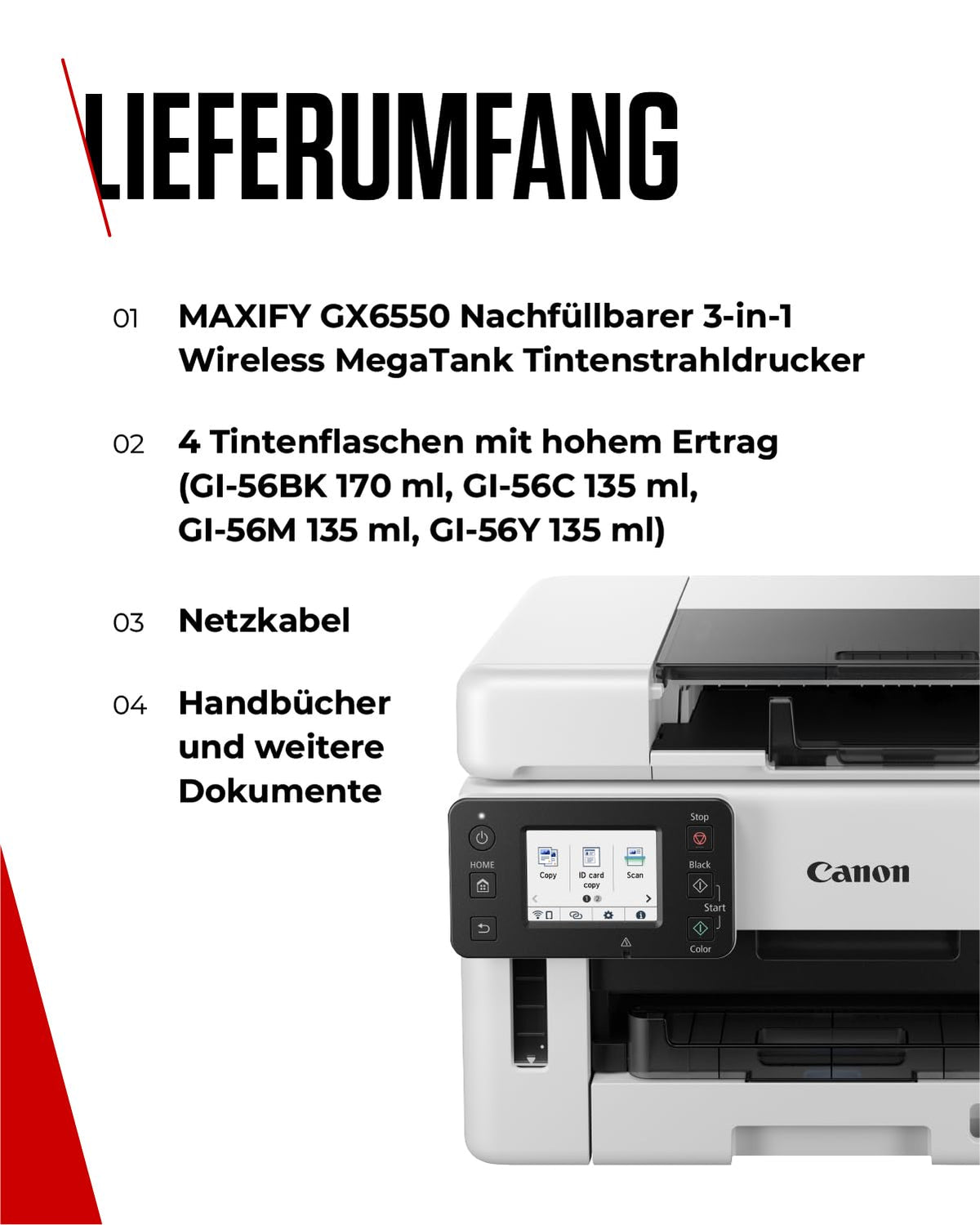 Canon MAXIFY GX6550 Inkjet Printer 3-in-1 Multifunction Device MegaTank (Printer, Scanner, Copier, WiFi, LAN, Cloud, Duplex Printing, Duplex ADF, 350 Sheets Capacity, Smudge-Resistant Prints) white