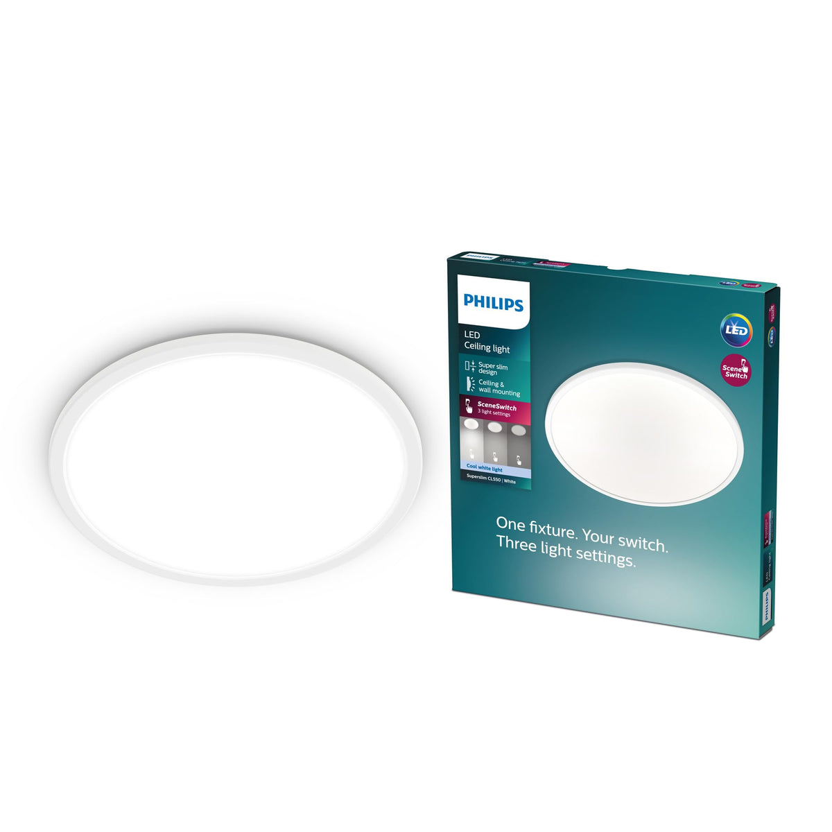 Philips LED SceneSwitch Ceiling Light (15 W), 3 brightness levels, cool white light, energy-saving room lighting with EyeComfort, white, 25cm - 915005777901