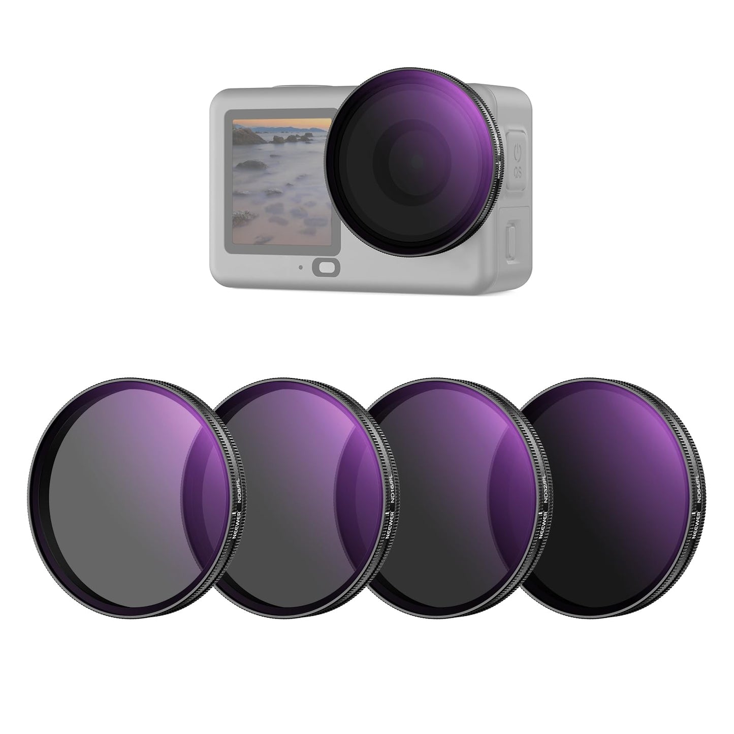 NEEWER ND/PL Filter Set Compatible with DJI Osmo Action 6 only, ND8/PL+ND16/PL+ND32/PL+ND64/PL Polarizing Filter Gray Filter CPL Lens Filter, Multi-Coated HD Action Cam Photography Accessories, FL-B3