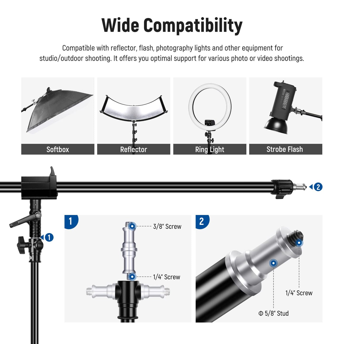 NEEWER Air-cushioned aluminum light stand, 3m adjustable photo tripod with boom arm, counterweight, sandbag, 1/4" screw for softbox, studio light, flash, umbrella, max. load 5kg - 90100462
