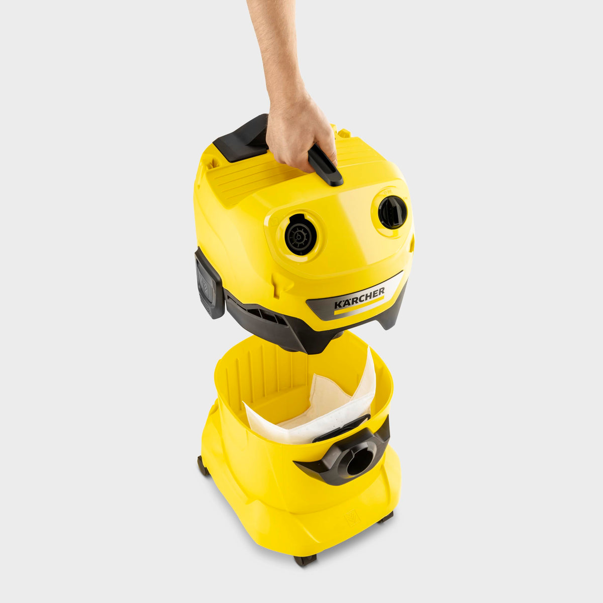 KÄRCHER WD 4 V-20/5/22 Wet & Dry Vacuum Cleaner, 20 l plastic container, 5 m cable, 2.2 m suction hose, clip floor nozzle, "Pull & Push" locking system, flat pleated filter and fleece filter bag, Yellow - 1.628-209.0