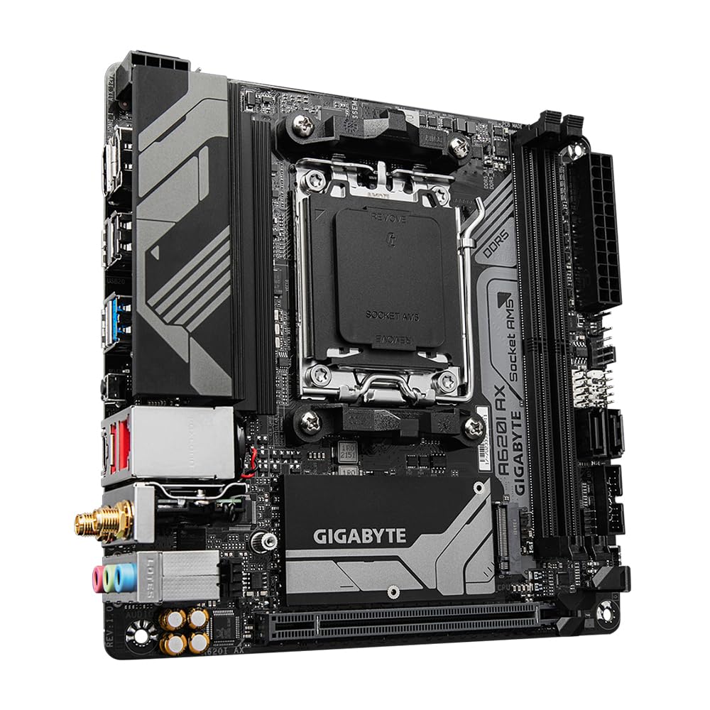 Placa de bază GIGABYTE A620I AX - Suportă procesoare AMD Ryzen 8000, VRM digital cu 5+2+1 faze, până la 6400MHz DDR5 (OC), 1xPCIe 4.0 M.2, Wi-Fi 6E, LAN 2.5GbE, USB 3.2 Gen 2