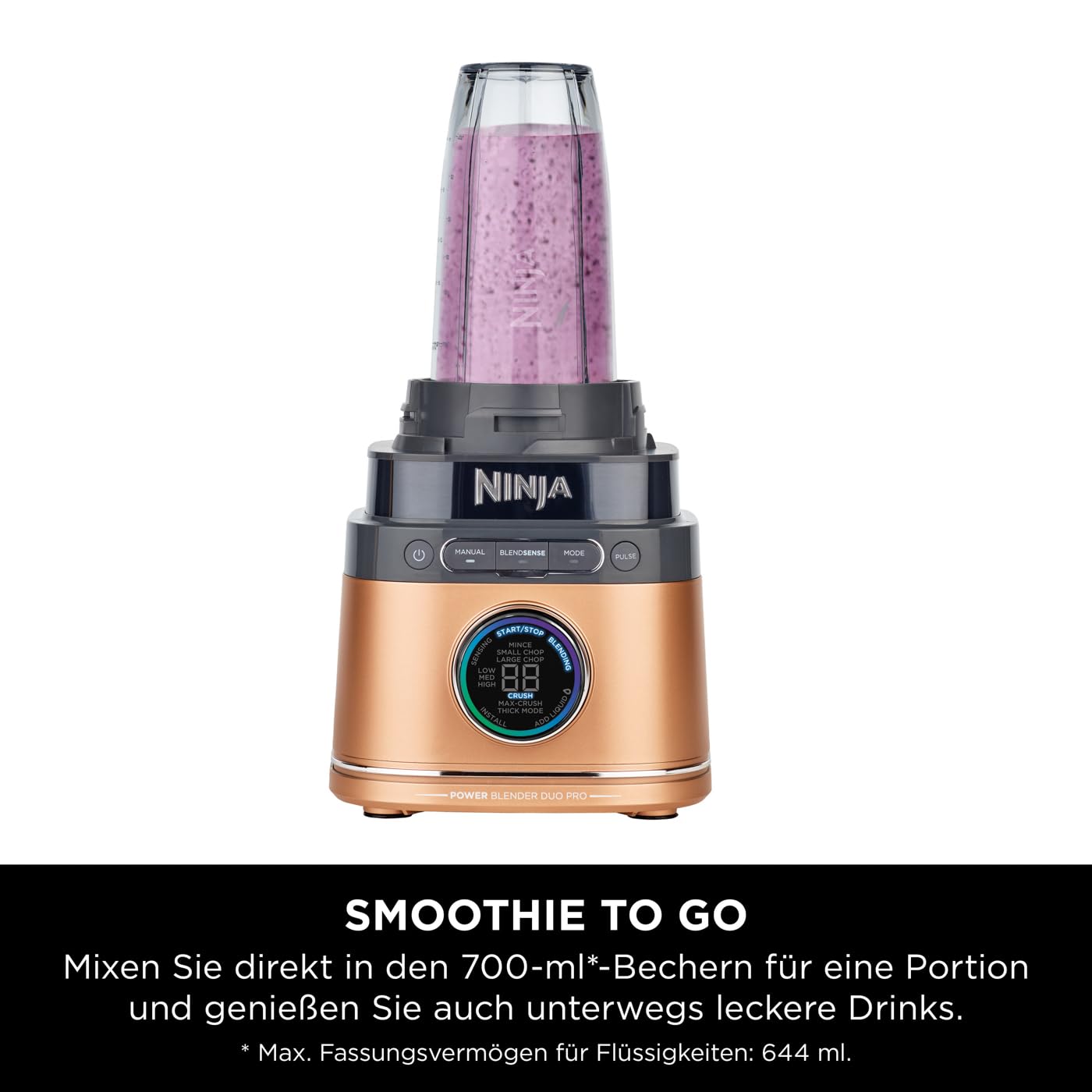 Ninja 2-in-1 Detect Power Mixer Pro & Single Serve, 1200W mixer with jug, & single serve cup, mix smoothies, chop vegetables & mix frozen drinks, copper/black, TB301EUCP