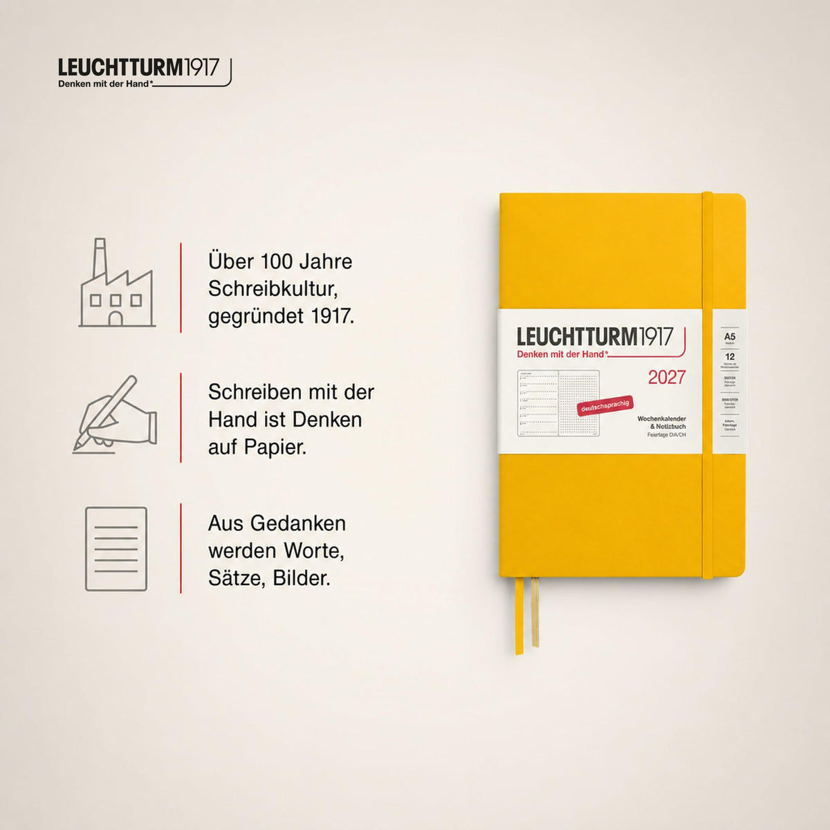 LEUCHTTURM1917 Calendar săptămânal 2027 punctat mediu (A5) cu caiet - Planificator de întâlniri german, floarea soarelui, ianuarie-decembrie 2027, prezentare generală săptămânală în stânga + pagină cu note în dreapta - 400093