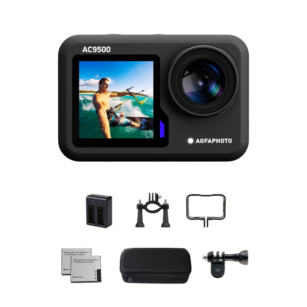 AgfaPhoto - Cameră sport - AC9500 - Real 4K 30FPS, Ecran tactil dublu, Stabilizare EIS, Rezistentă la apă până la 18m - WiFi - 12 accesorii incluse - 3760265544219
