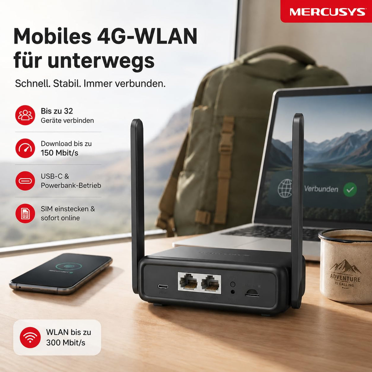 Mercusys MB113-4G LTE WLAN Router, portable 4G router with SIM card, Cat 4 up to 150 Mbit/s, 2× 100 Mbps ports, OpenVPN, plug & play, supports up to 32 devices, power bank operation.