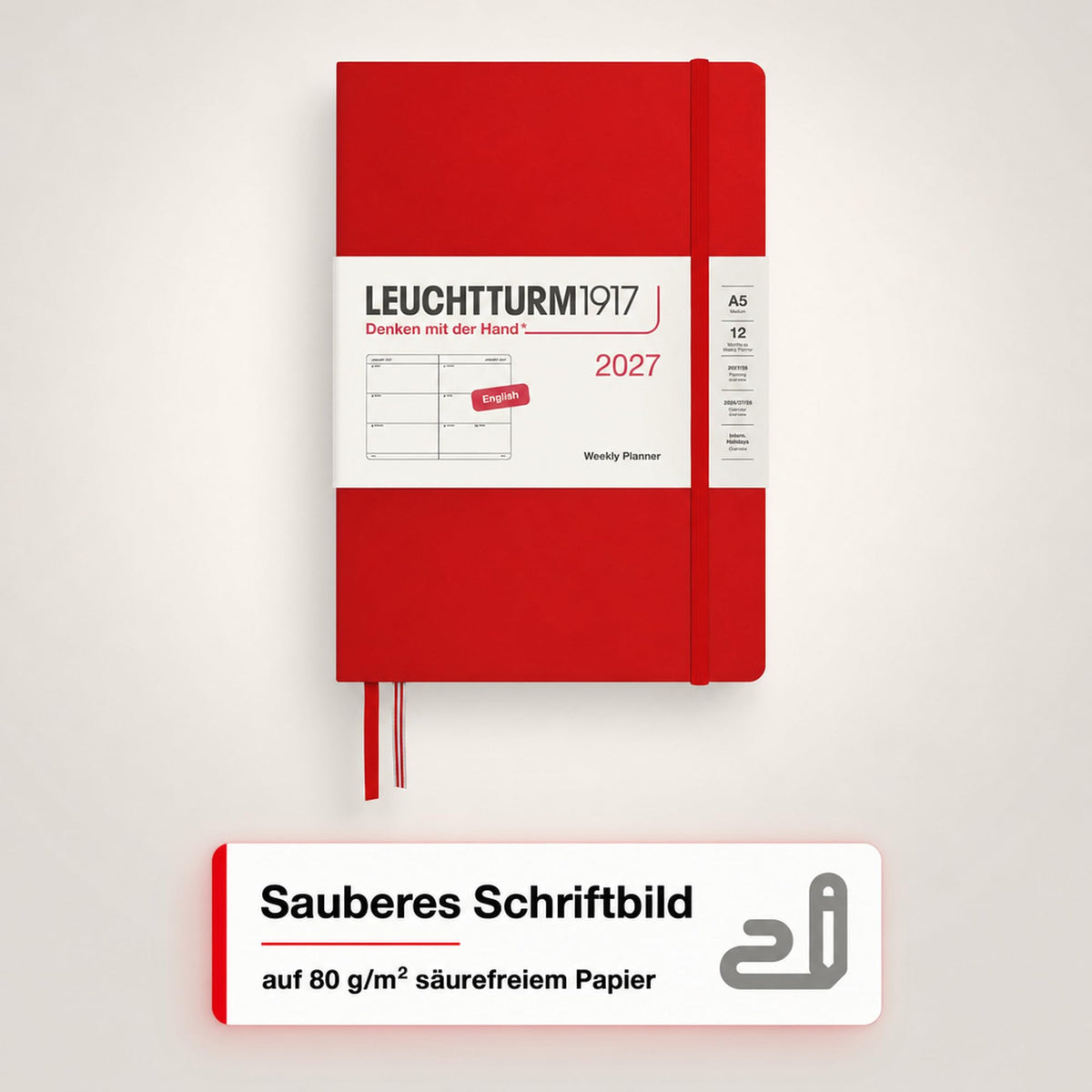 LEUCHTTURM1917 Calendar săptămânal 2027 Mediu (A5) - Engleză, Cireș, Hardcover, 145 x 210 mm, 12 luni - ianuarie-decembrie 2027, 1 săptămână pe pagină dublă, hârtie de 80 g/m² cu compatibilitate ridicată cu cerneală - 400270