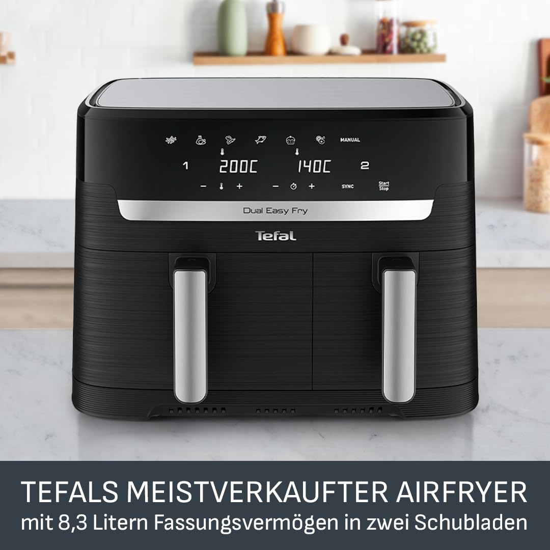Tefal Dual Easy Fry hot air fryer 8.3 L - air fryer with 2 chambers & XL drawer, 7 programs, 2700 W, extra crisp technology, low-fat frying & energy saving, dishwasher safe EY9018
