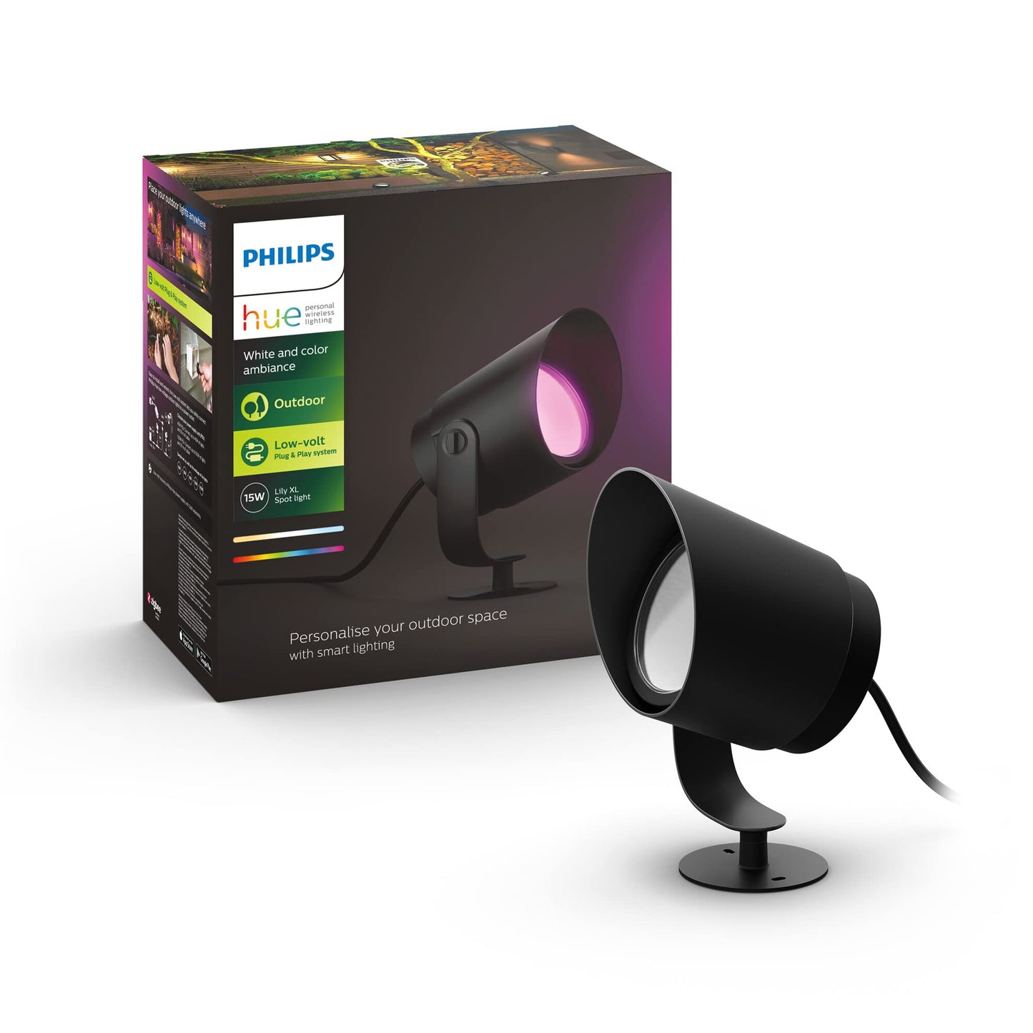 Philips Hue White & Color Ambiance Lily garden spotlight [extension only], outdoor light requires Hue Bridge + Base Kit (sold separately), spot works with Alexa, Google Assistant & Apple Home - 915005842601