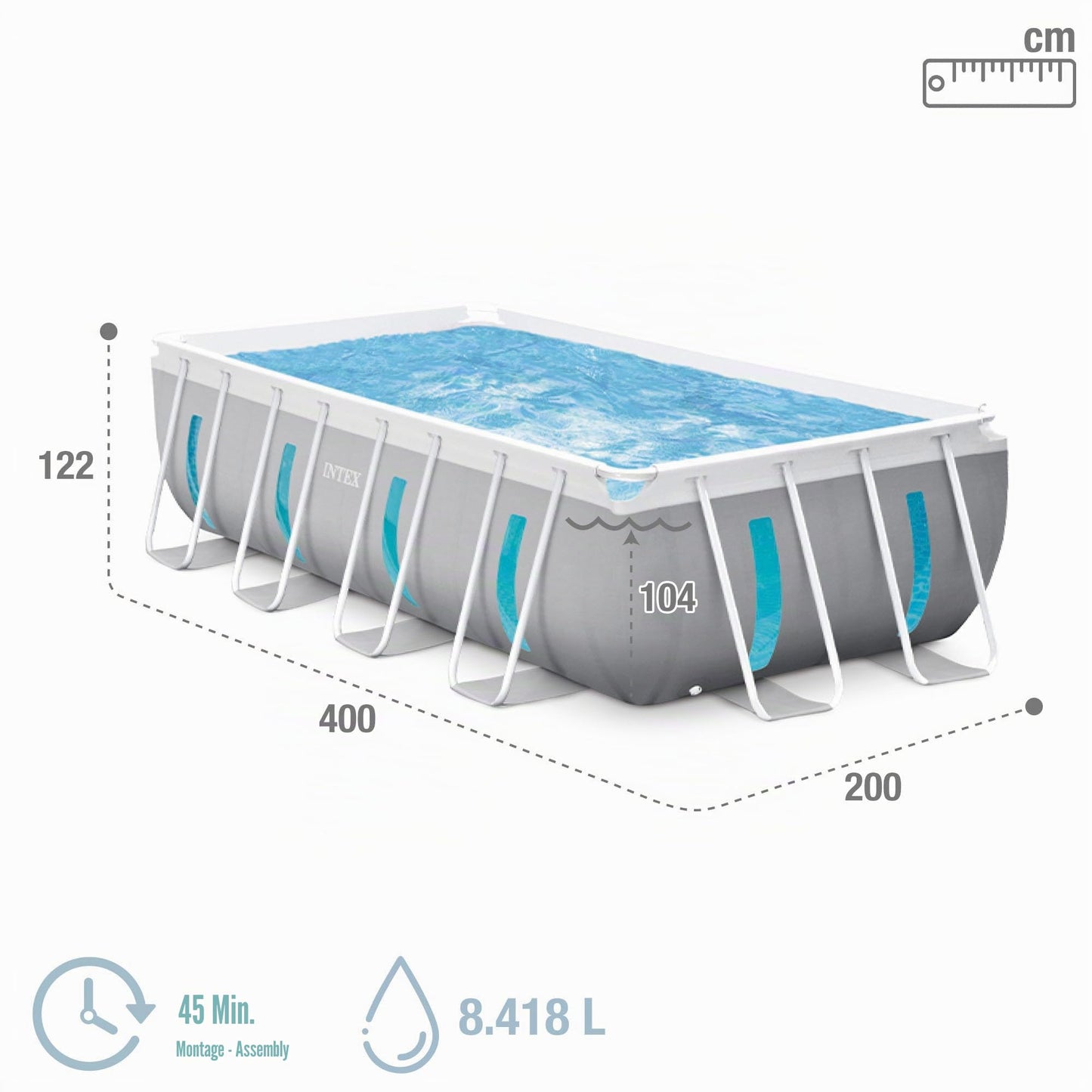 Intex 26770NP – Piscina Fuori Terra Prisma Frame Clearview Rettangolare, Pompa Filtro 2006 L/h, Scaletta, Telo Base e Copertura, 8418 L, Acciaio e PVC, Grigio, 400x200x122 cm