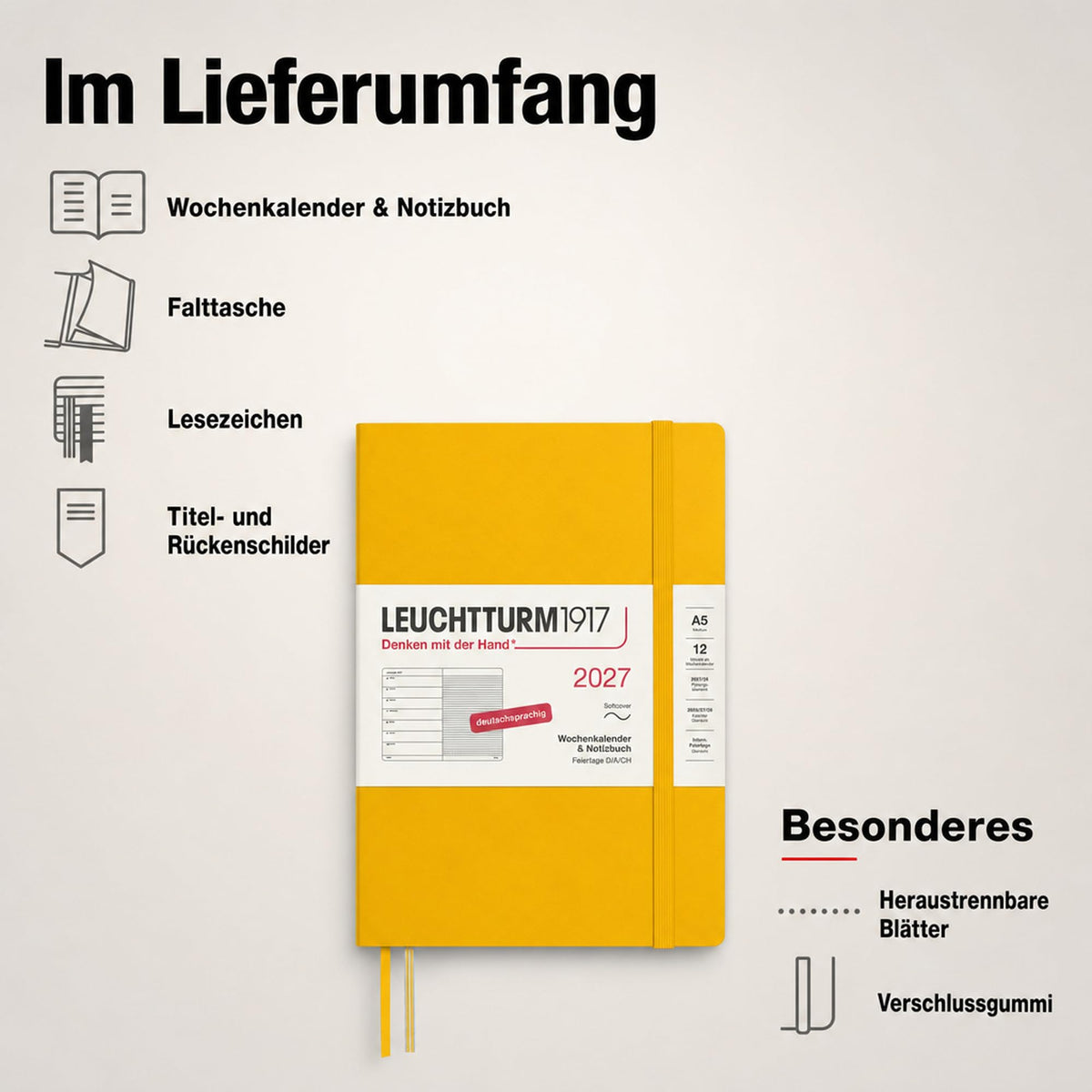 LEUCHTTURM1917 Calendar săptămânal 2027 mediu (A5) cu carnet - Jurnal german, floarea soarelui, copertă moale, ianuarie-decembrie 2027, prezentare generală săptămânală în stânga + pagină cu note în dreapta - 400070