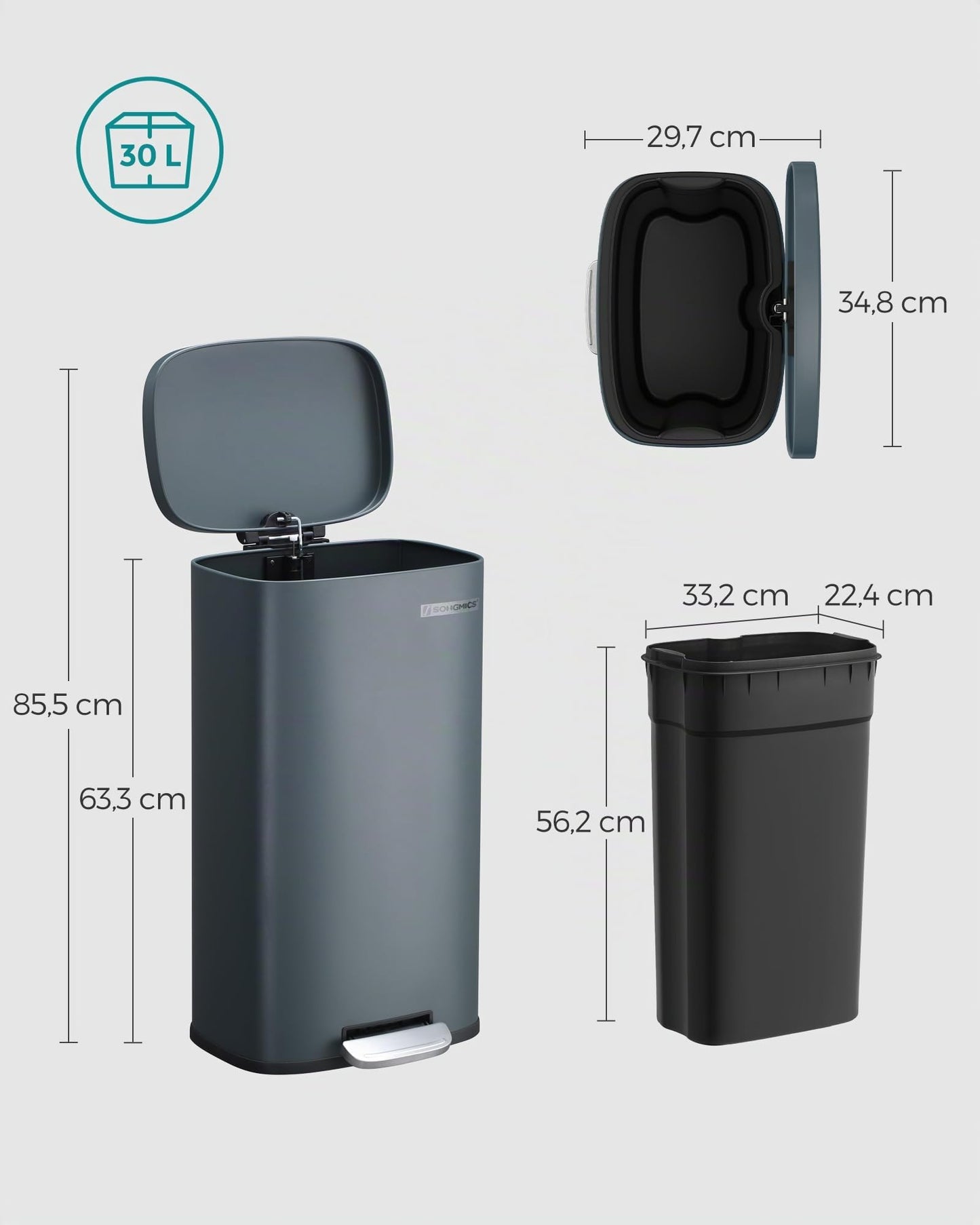 SONGMICS kitchen rubbish bin, 30 liters, waste bin, pedal bin, with lid, soft close, foot pedal, steel, inner bin, green-gray LTB03GS