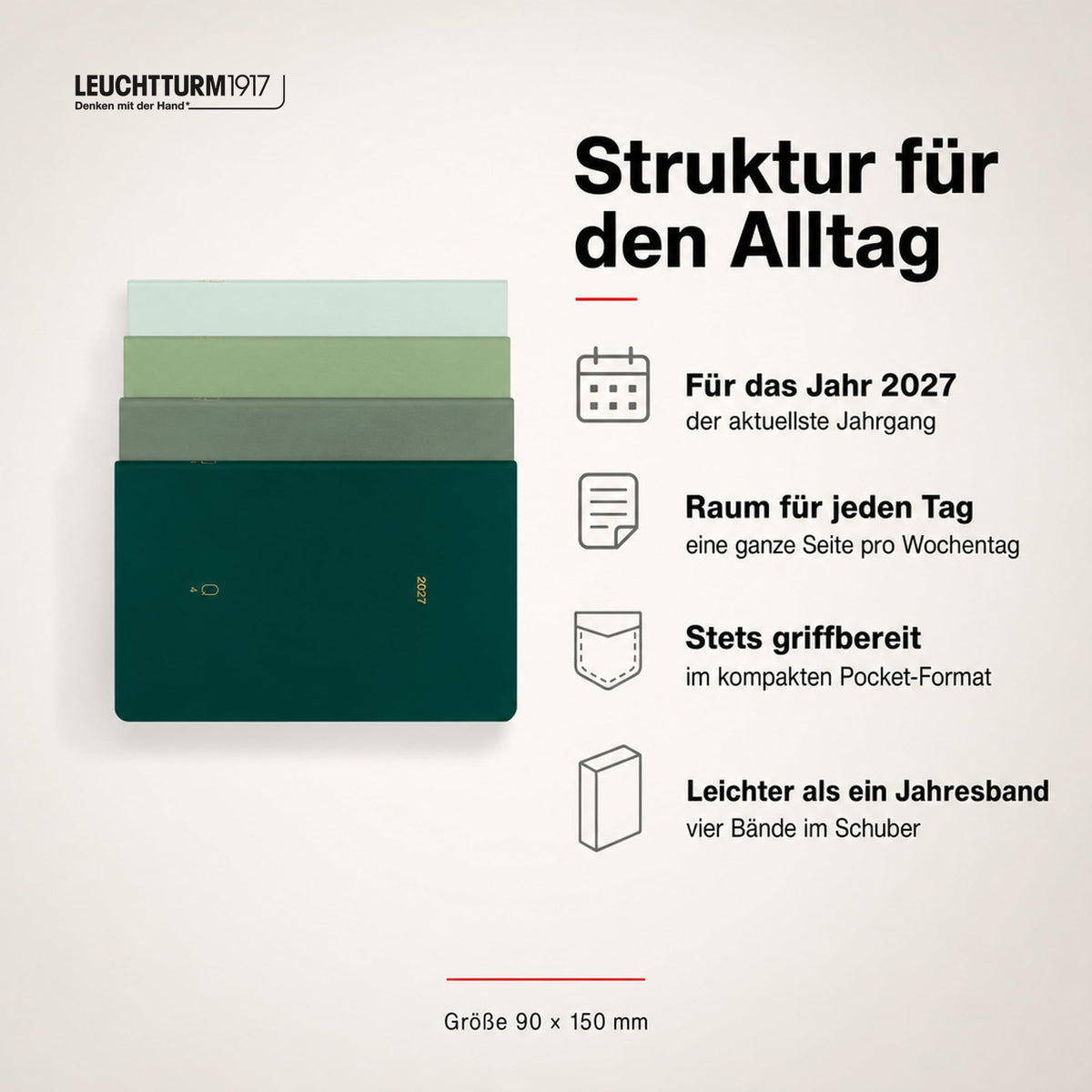 LEUCHTTURM1917 Quarterly Daily Calendar 2027 Dotted, Pocket (A6), Flexcover, Set of 4 (1 calendar per quarter), Shades of Green, Calendar Overview 2027, 12-Month Planning, Moon Phases & International Holidays - 400374