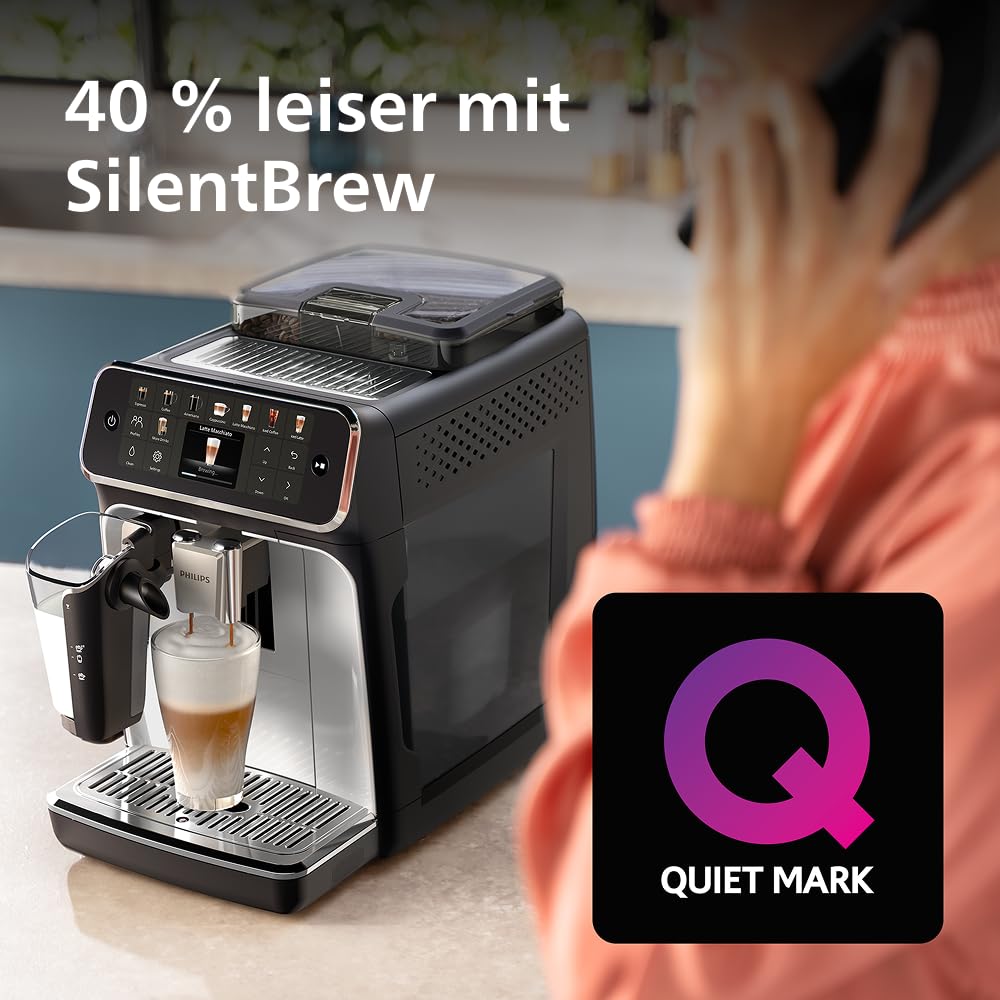 PHILIPS Series 5500 fully automatic coffee machine - LatteGo milk system, 20 hot and cold coffee specialties, 40% quieter with SilentBrew, QuickStart, black and silver (EP5546/70)