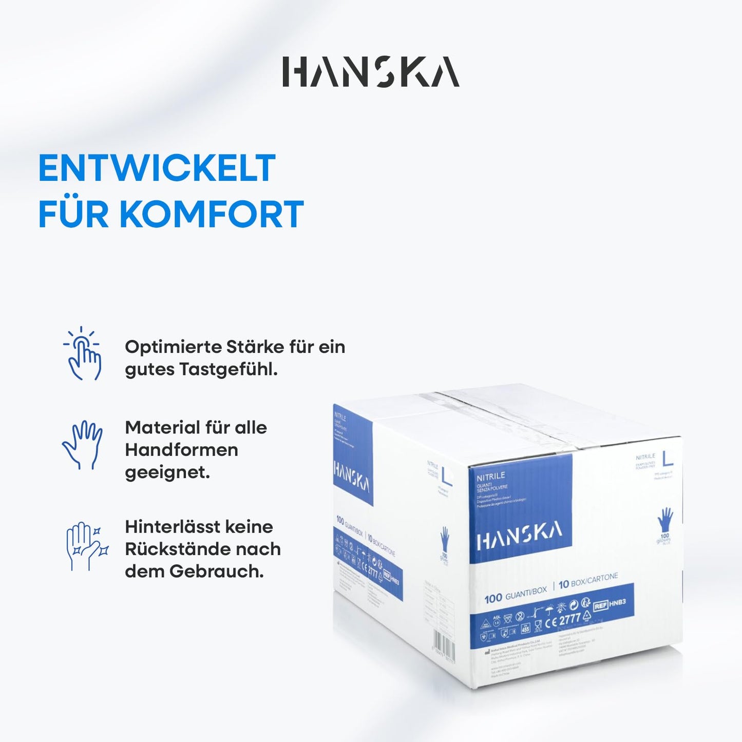 HANSKA 1000 Blue Nitrile Disposable Gloves - Powder Free - Disposable - Ambidextrous - Non-Sterile - Rubber Base - Suitable for Medical Areas and Food Processing (1000, L) - HSKA
