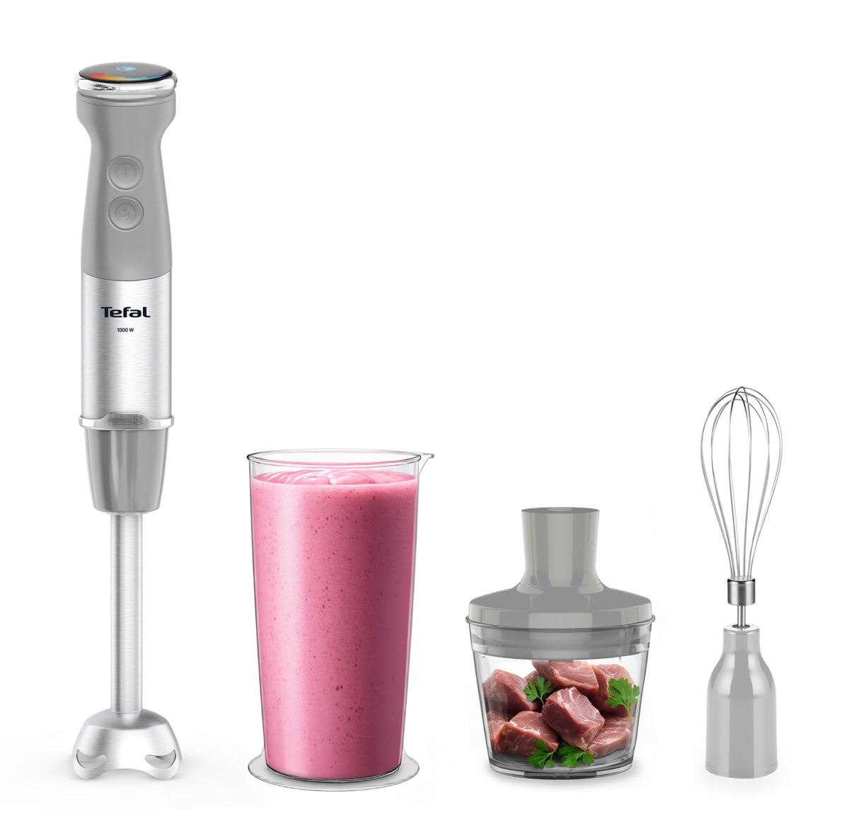 Tefal Quickchef+ Stabmixer, tehnologie Powelix-Klingentechnologie, 20 trepte de viteză, mod turbo, design compact, accesoriu pentru batere, recipient de dozare de 800 ml, mod silențios, mâner Softgrip, HB673B30