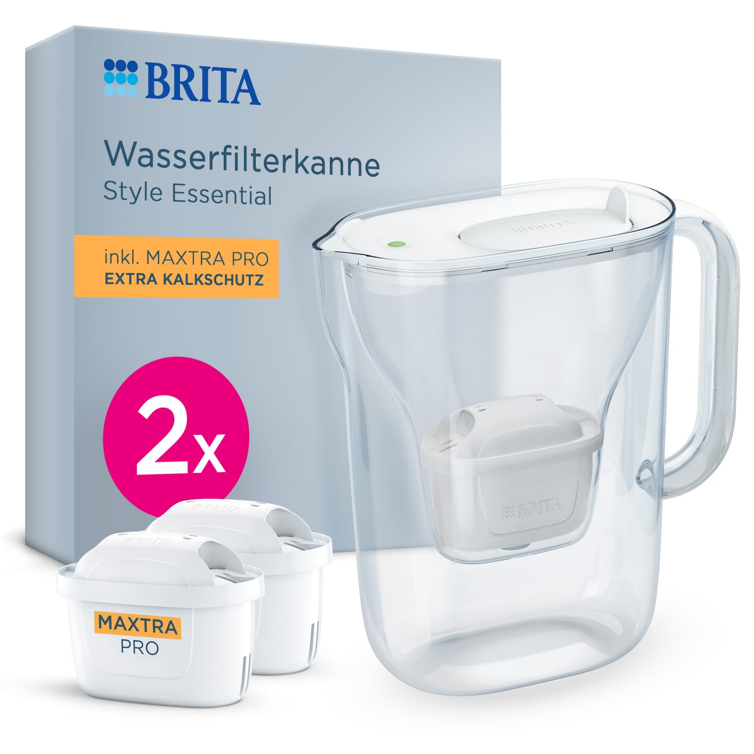 BRITA water filter jug Style Essential white (2.4l) incl. 2x BRITA MAXTRA PRO extra limescale protection - refrigerator-suitable filter jug with Smart Light LED & folding lid, filters impurities & more - 142384