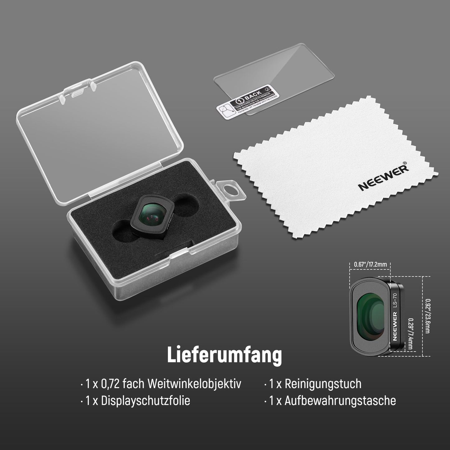 NEEWER 0.72x Wide Angle Lens, 112° Field of View, Compatible with DJI Osmo Pocket 3 / Pocket 4 / Xtra Muse, Magnetic Action Camera with Aspherical Lens and Screen Protector, LS-70