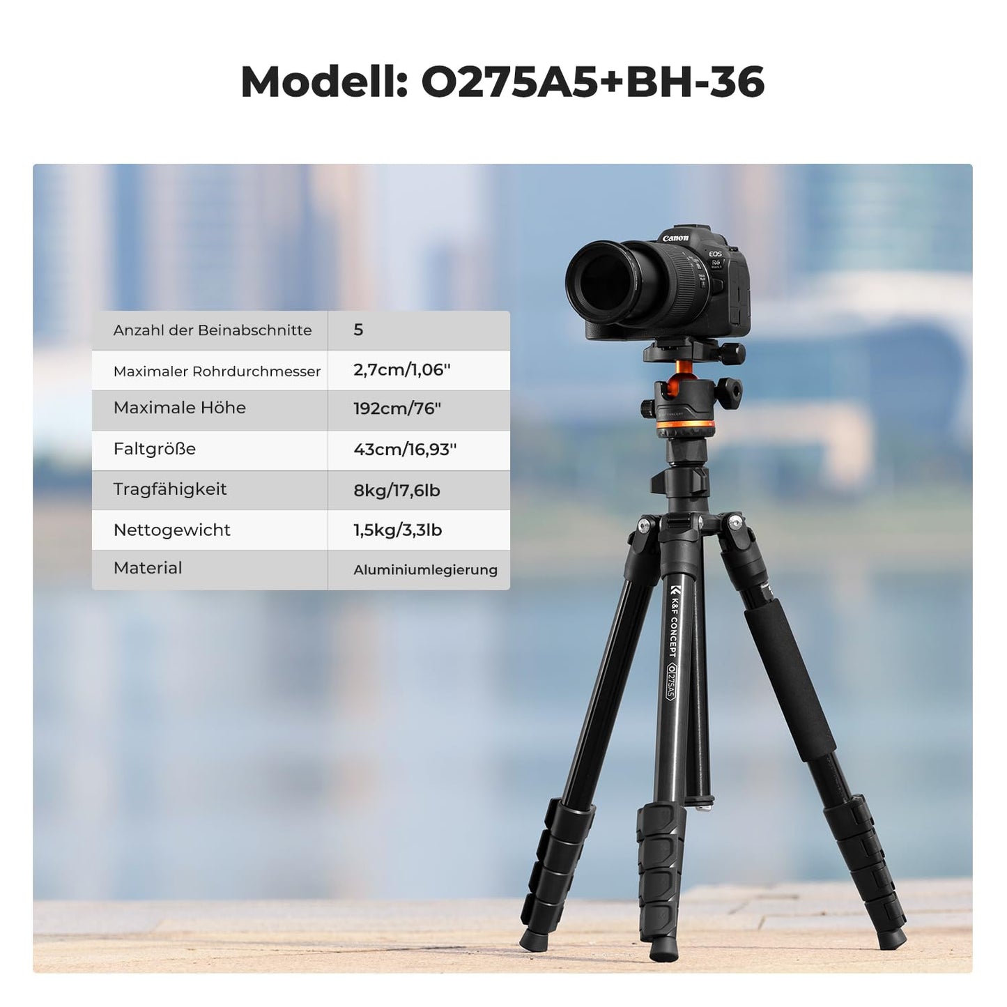 K&F CONCEPT camera tripod, black-orange, 192cm - O275A5+BH-36