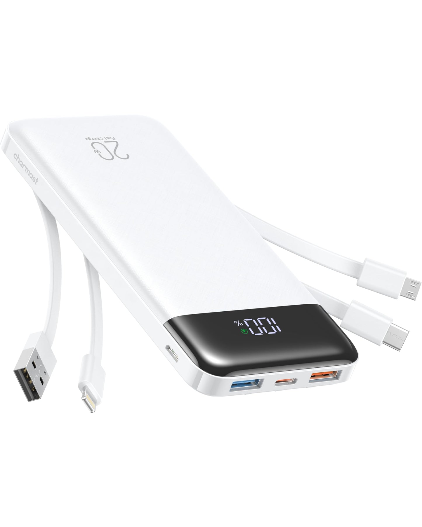 Charmast power bank, 22.5W power bank 20000mAh with 4 cables-white - C2065