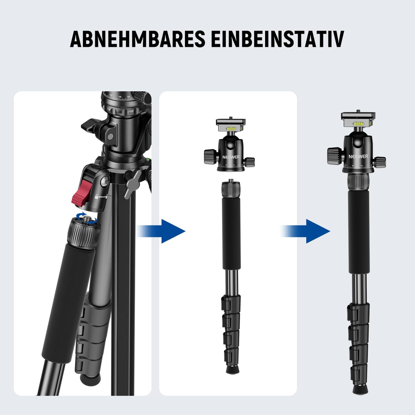NEEWER Basics 64.5" Horizontal Overhead Tripod Camera Tripod Monopod for Cameras Aluminum Travel Tripod for DSLR Camcorder with Mobile Phone Holder Compatible with iPhone for Video, 10kg Load Capacity, TP66