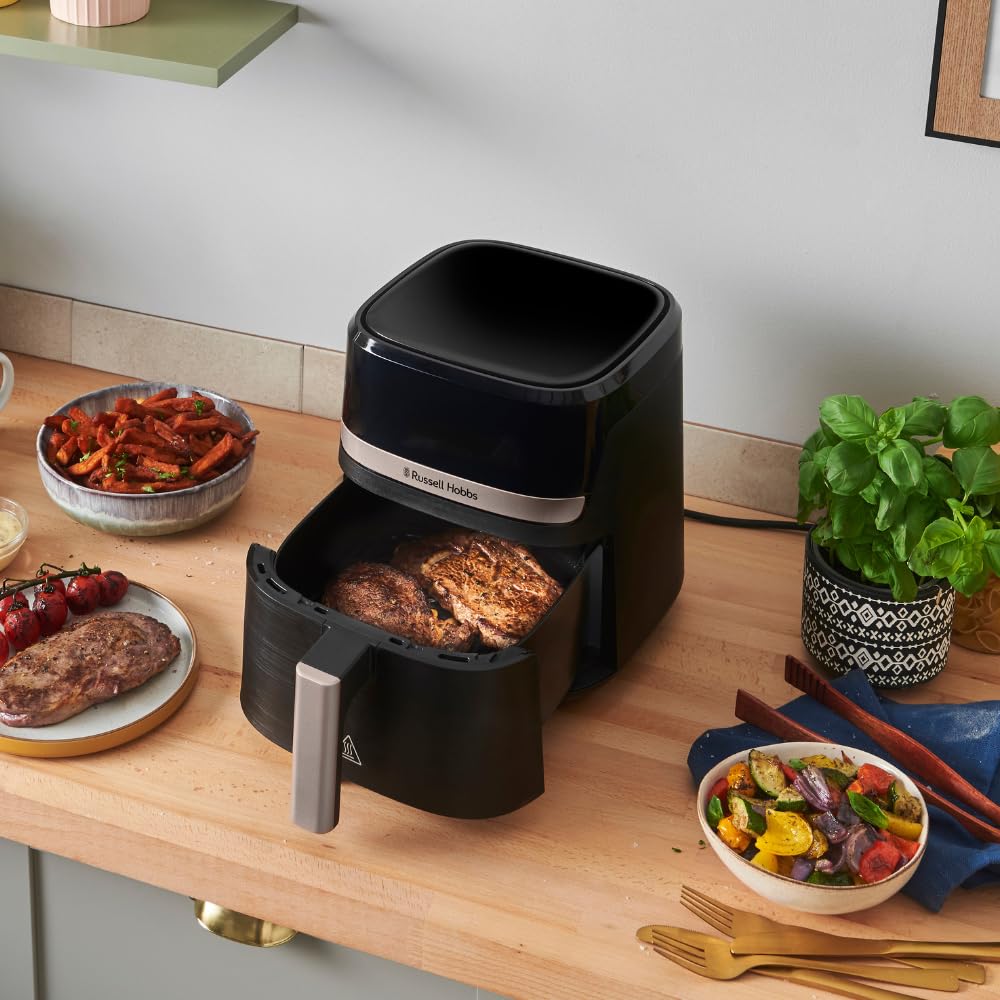 Russell Hobbs hot air fryer L 4.3L Rapid AirFryer [very small housing, very quiet, 9 programs] SatisFry (dishwasher safe, deep fryer without oil, touch screen, grilling, baking, roasting etc) 27610-56