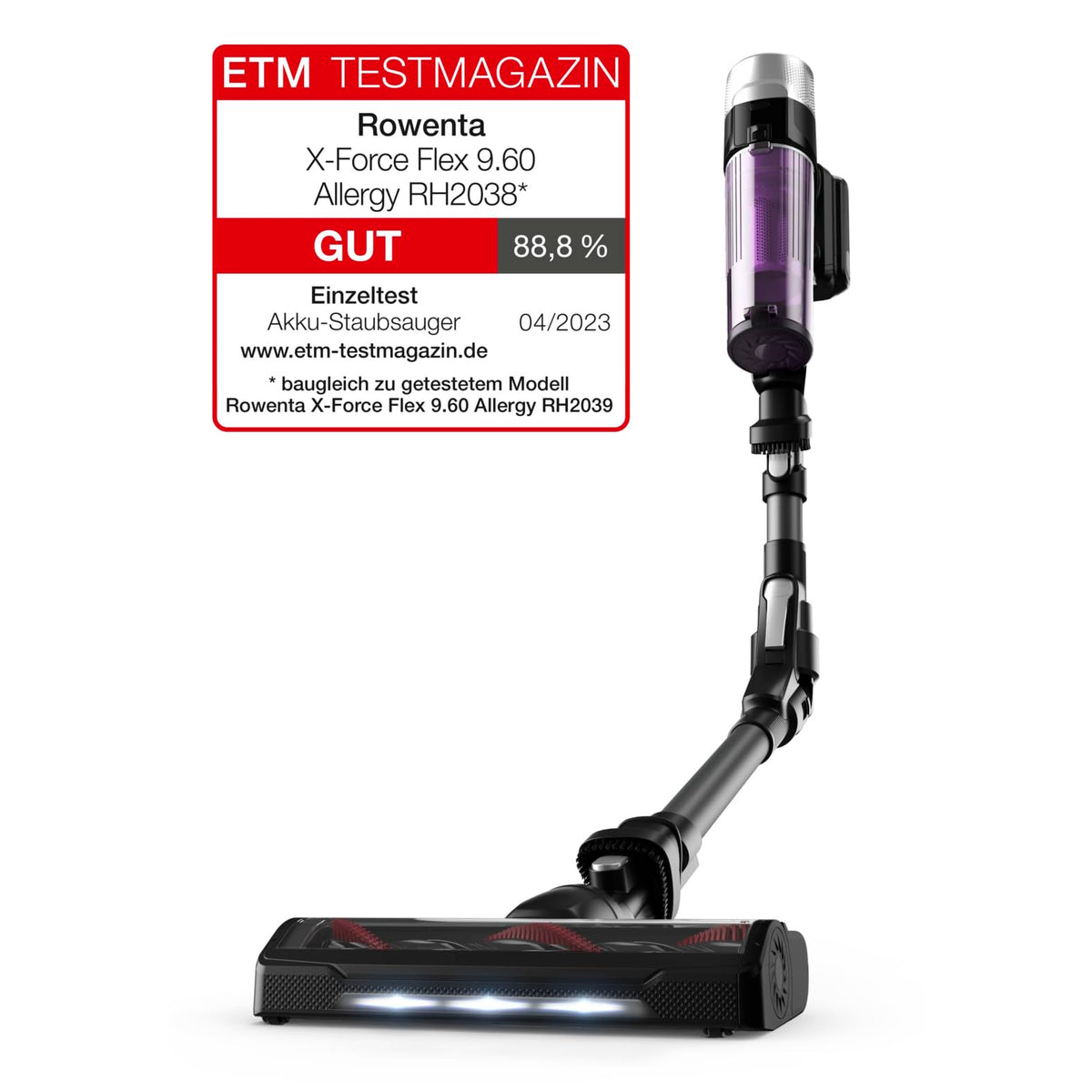 Rowenta X-Force Flex 9.60 Allergy cordless stick vacuum cleaner, 100 Air Watt, removable battery, up to 45 minutes of runtime, compact, flex joint, LED nozzle, purple-black, RH2038
