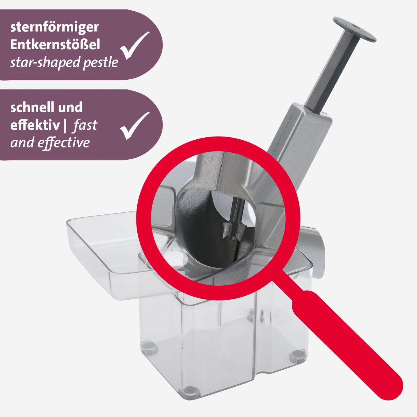 Westmark cherry stoner/stoner with inclined chute and large core cassette, plastic/stainless steel/aluminium, Kirschomat, silver/black/transparent, 40702260