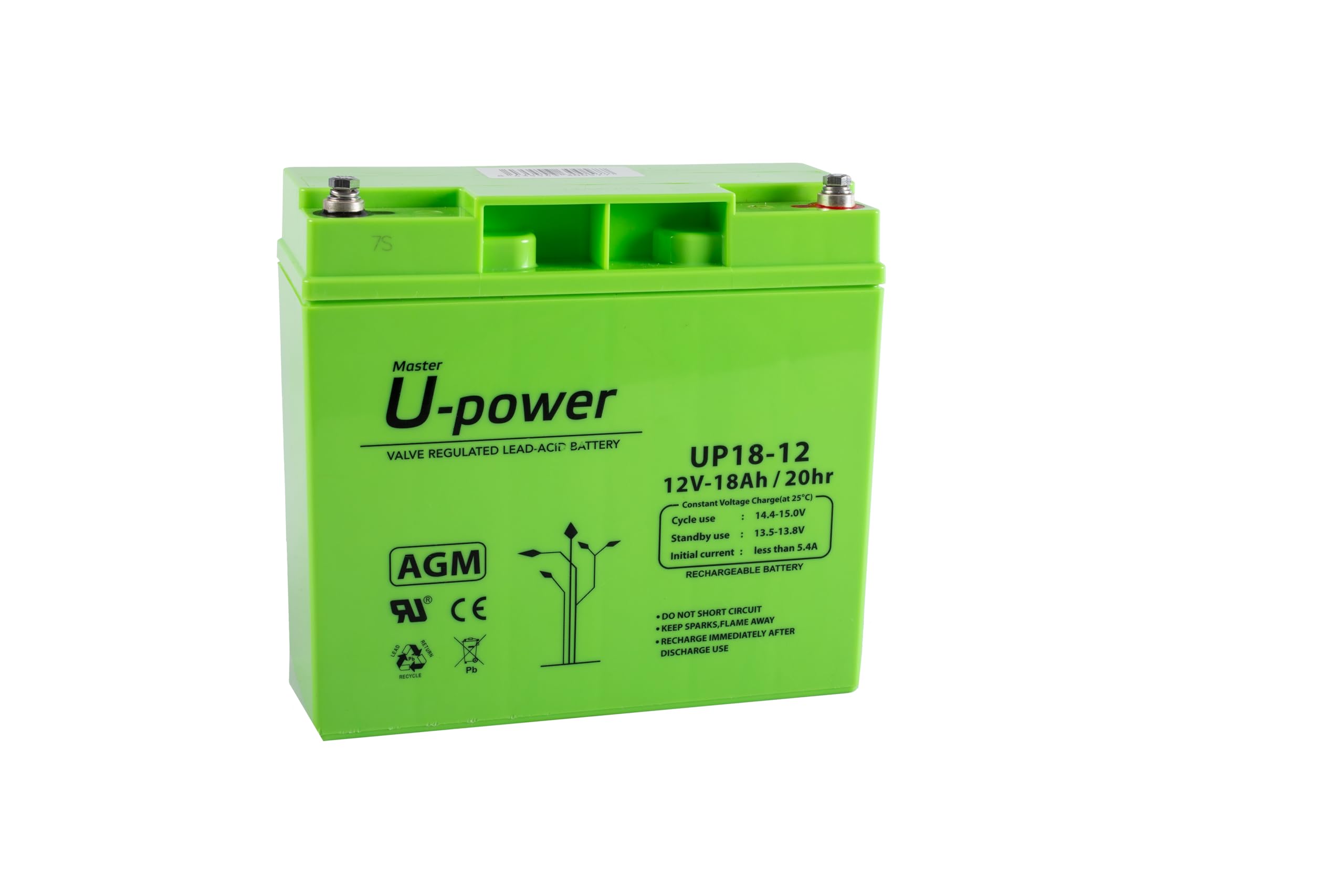 U-Power AGM battery 12V 18Ah, VRLA lead battery maintenance-free, rechargeable, screw connection M6, for UPS/UPS, alarm systems, solar systems & security