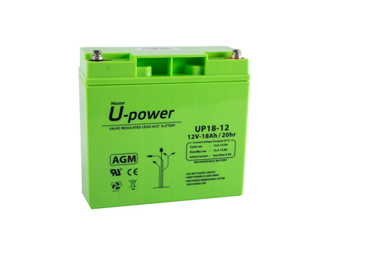 U-Power AGM battery 12V 18Ah, VRLA lead battery maintenance-free, rechargeable, screw connection M6, for UPS/UPS, alarm systems, solar systems & security