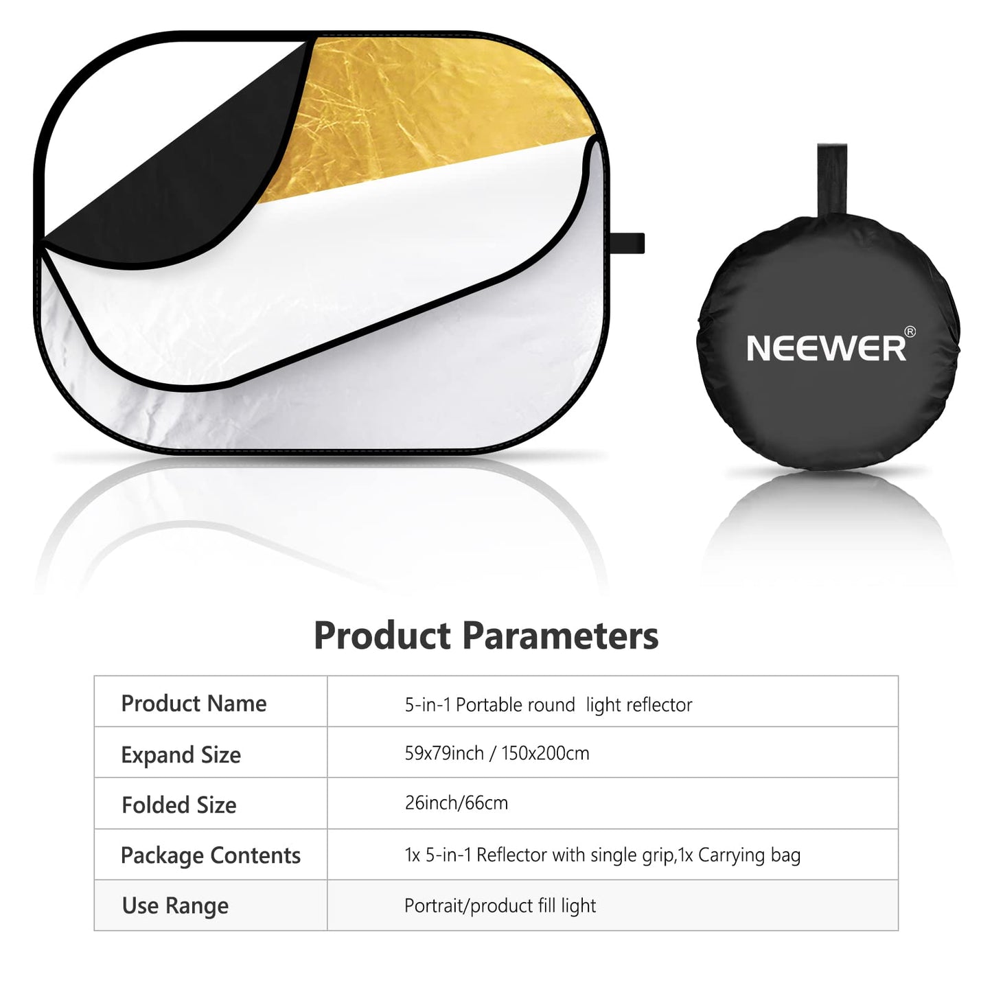 NEEWER 59"x79"/150x200cm light reflector for photography, portable 5 in 1 - 10071559