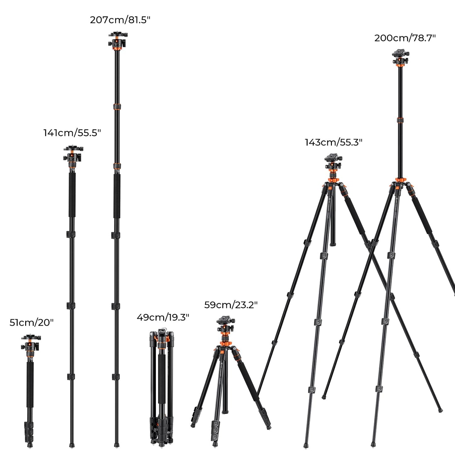 K&F CONCEPT 200CM/78inch tripod, camera tripod, tripod with 90° center column monopod function, 360° ball head and 1/4'' thread tripod for DSLR camera - K234A7+BH-28L