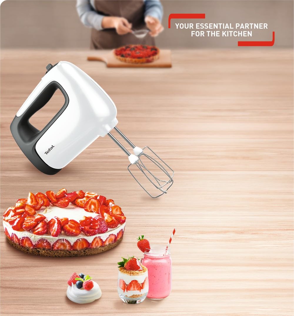 Tefal Prep'Mix+ Mixer de mână cu blender, 500 Watt, buton glisant cu 5 viteze + Turbo, inclusiv accesorii: 2 teluri/2 cârlige pentru frământat/blender/recipient de măsurare, alb/negru, HT4611