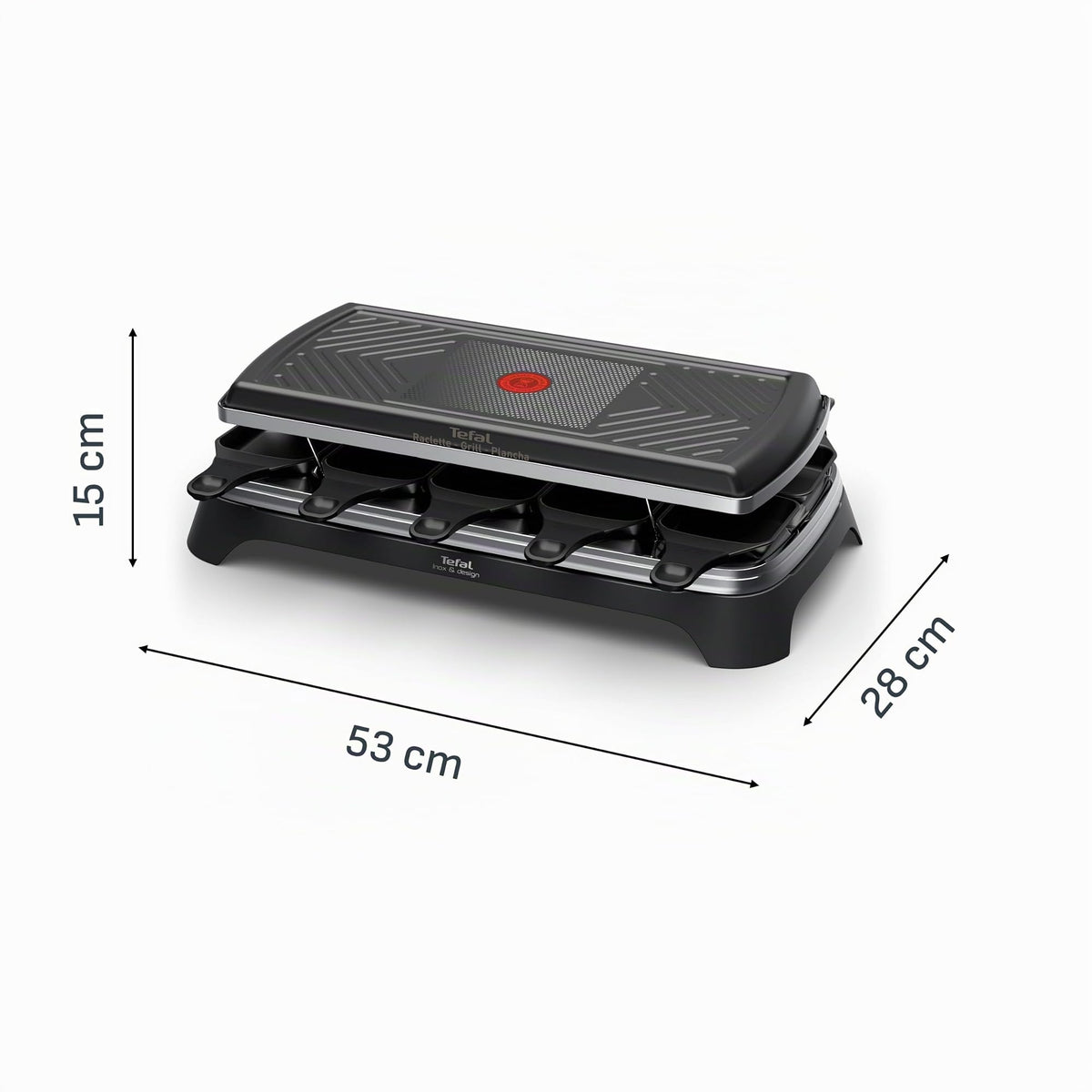 Tefal Raclette 3-in-1 Raclette Grill & Plancha, Thermo-Signal, non-stick plate and pans, easy storage, includes accessories for up to 10 people, Black, RE458NF0